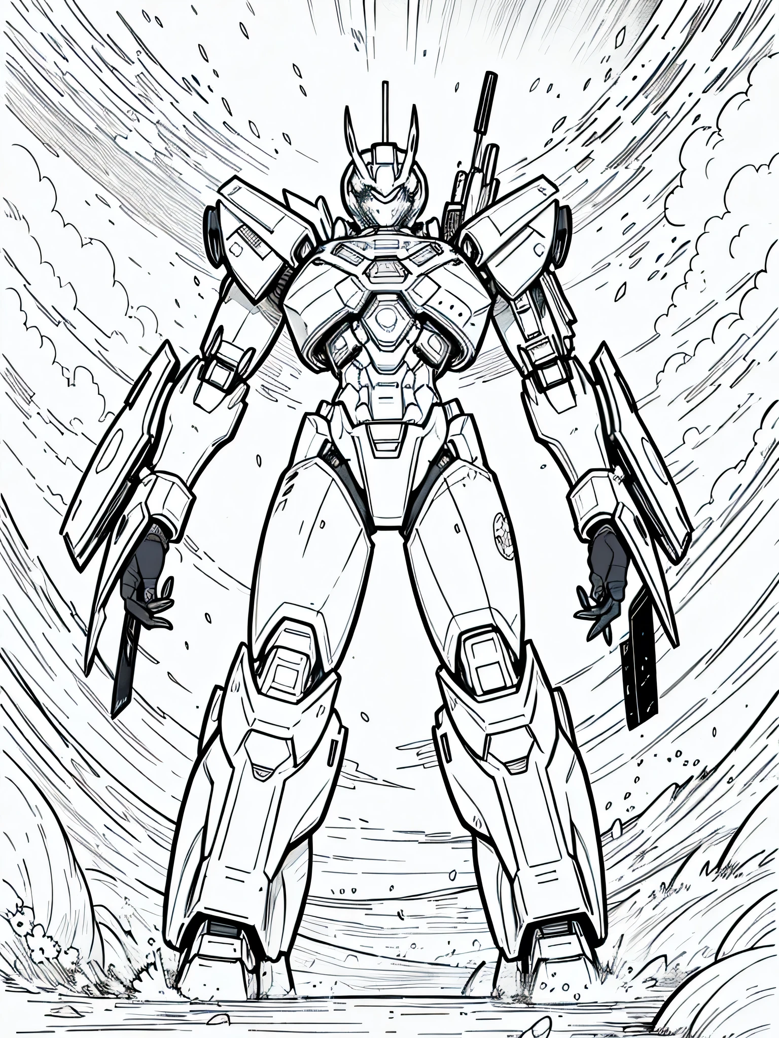 masterpiece, Best Quality, a mecha in nature, closeup Line art, monochrome, clean lines, black and white, his summer, coloring book page,