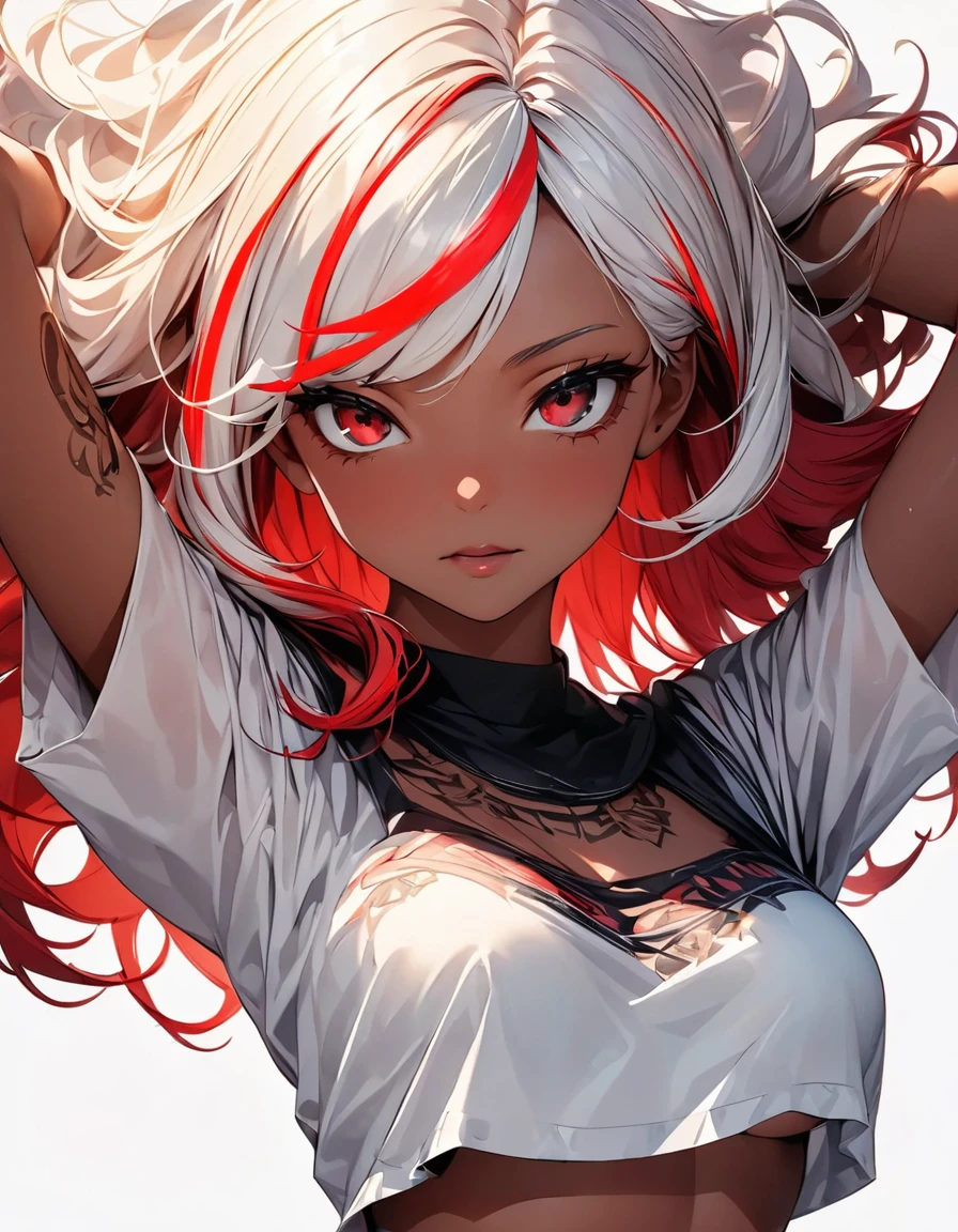 (highest quality:1.2, Very detailed, up to date, Vibrant, Ultra-high resolution, High Contrast, masterpiece:1.2, highest quality, Best aesthetics), Portraiture、girl, (solo), singer、Rock Music、medium wave hair、(red hair and white hair:1.3), ((streaked hair:1.6)), highlights hair: 1.5, red eyes, slim body, medium breast, (tan skin:1.1), shaded face Bright colors、Beautiful fine details、Beautiful lip detail、Edgy Style、(black Skirt-style-bikini:1)、loose fit, standing, arms up, from front、vocal, (Floral Fineline tattoo design on left arm:1), (cowboy-shot:1), (No background:1.5), ((Plain white background:1.6)),