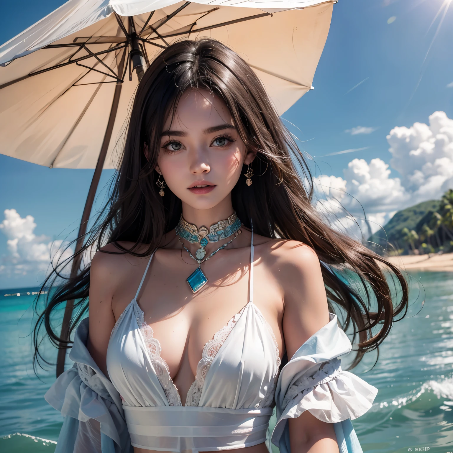 Polynesian Sea、Hair blowing in the wind 、 ((best quality、masterpiece、8K、Best image quality、Ultra-high resolution、Award-winning works)、(Accurate anatomy:1.1)、(Look at me and smile:1.0)、Shining fair skin with Ultra-high resolution、The most delicate face、Ultra-high resolution detailed face、Ultra-high resolutionの髪の毛、(Ultra-high resolution eye:1.1)、Delicate face,The details are portrayed vividly、Polynesian clothing,Small Breasts, Polynesian Tattoo, Polynesian Canoe、穿着Polynesian clothing:1.2.
