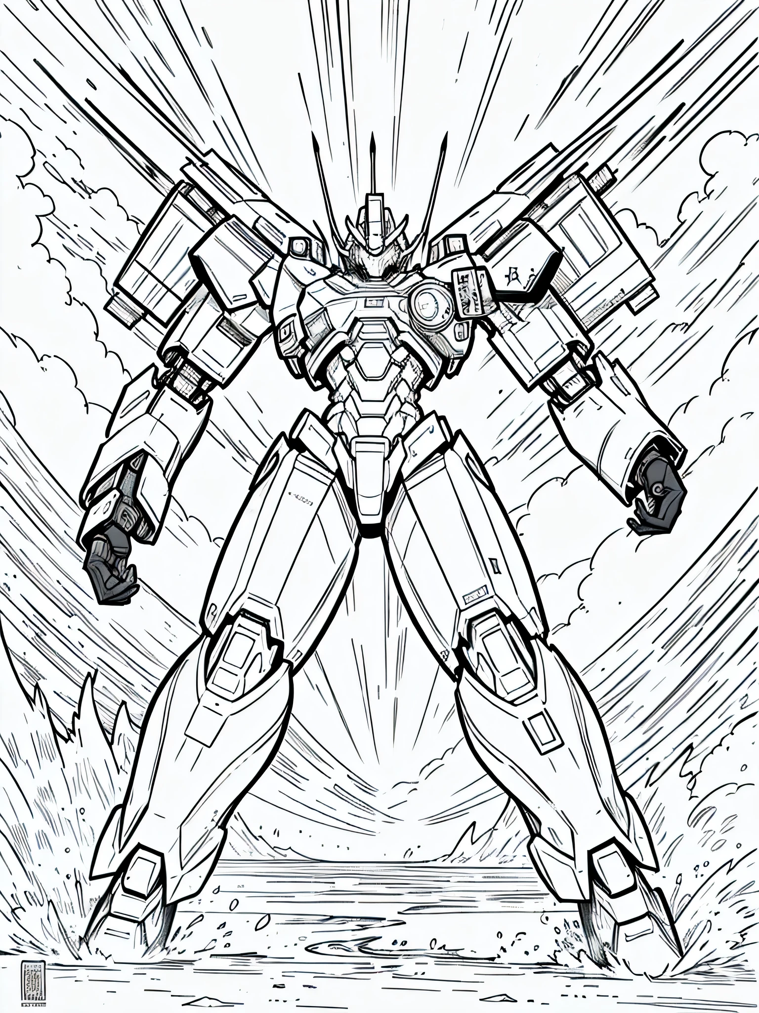 masterpiece, Best Quality, a mecha in nature, closeup Line art, monochrome, clean lines, black and white, his summer, coloring book page,