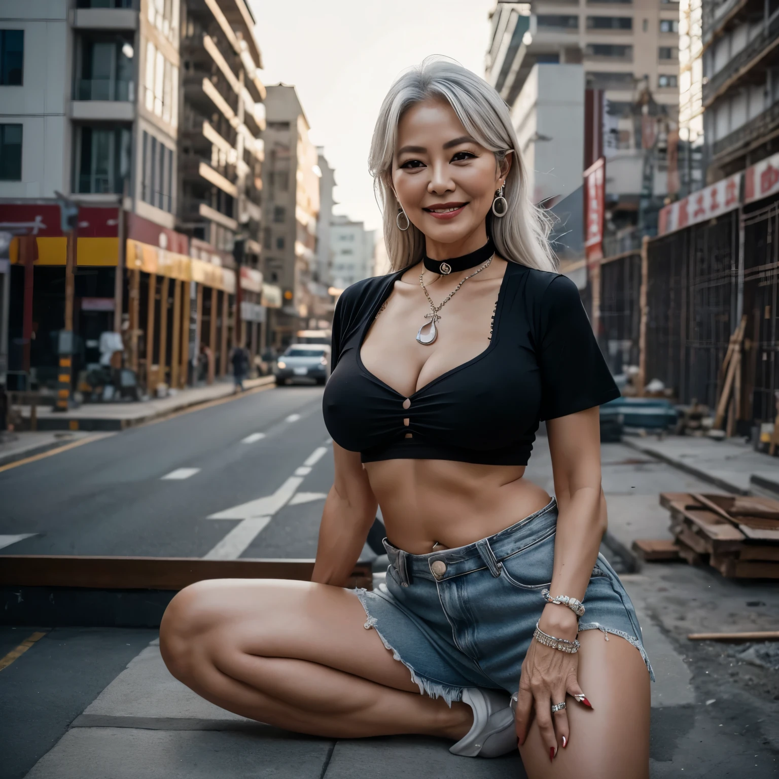 75 years old　Mom　MILF　Korean, Lady　large earring　Big choker　navel piercing decoration　A bracelet　Silver Hair　realisitic　Gorgeous Madame Beautiful Mature Woman　sexy　Smile　Gentle woman navel piercing　４K　High quality ダメージジーンズ　ハンマー　ドリル