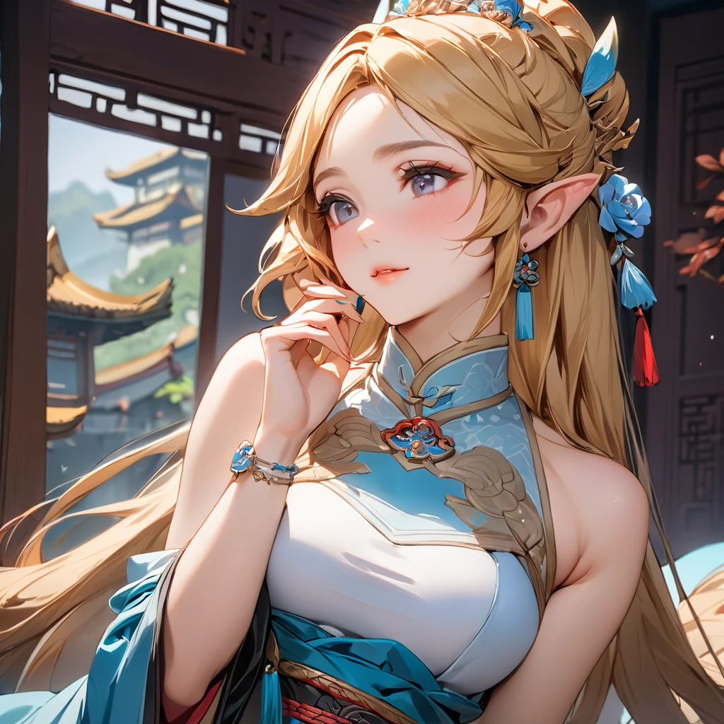 ((Highest quality)), ((masterpiece)), (detailed), （Perfect Face）、The woman is Princess Zelda, an ordinary Chinese woman with medium-long blonde hair and an engagement ring.、The woman is dressed in typical Chinese clothing.