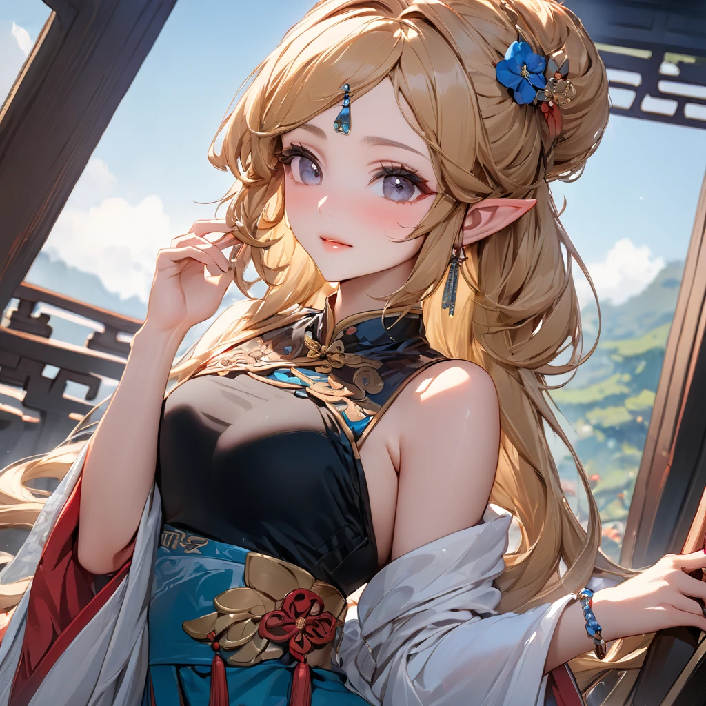 ((Highest quality)), ((masterpiece)), (detailed), (Perfect Face)、The woman is Princess Zelda, an ordinary Chinese woman with medium-long blonde hair and an engagement ring.、The woman is dressed in typical Chinese clothing.