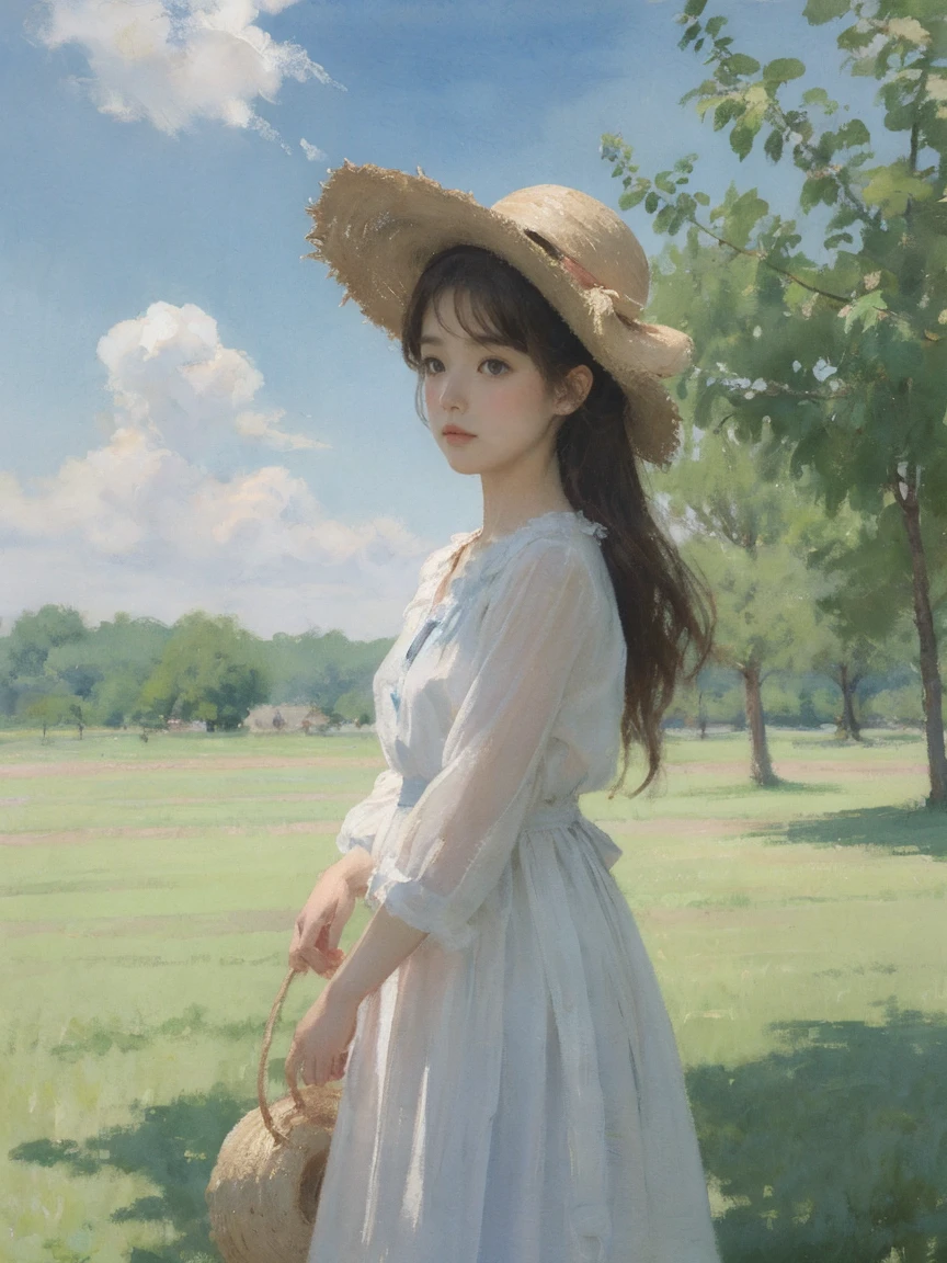 Summer sky, clouds, girl in straw hat looking up, transparent watercolor, anime style illustration