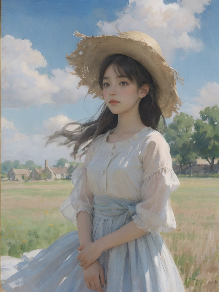 Summer sky, clouds, girl in straw hat looking up, transparent watercolor, anime style illustration