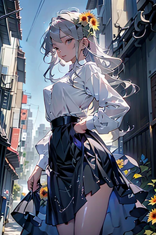 Girl walking on a path, sunflower, たくさんのsunflower, Distant City, I can see the city, Overlooking the city, girl, Silver Hair, Indigo eyes, blouse, シフォンskirt, skirt, Long Hair, mysterious, Small breasts, anime, manga, beautiful girl