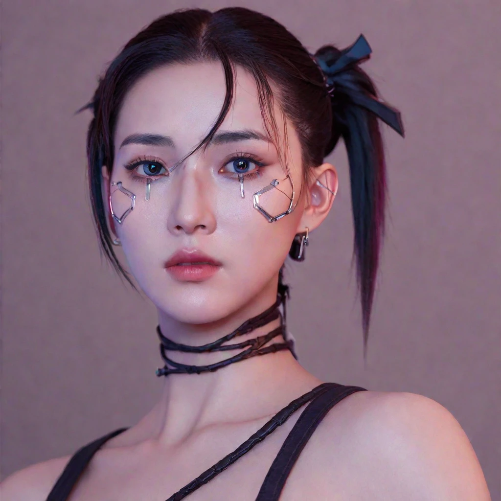 A stunning, 4K photo-realistic image of a cyberpunk ninja demi-human girl with a Korean face. She is adorned with intricate machine implants, including half a face that is replaced with cybernetic components, machine eyes, and battery-powered cyborg hands. Her black, spiked hair is intertwined with LED lights that flicker with various colors to match her mood. The soft, pinkish-purple lighting surrounds the model, enhancing the futuristic and captivating atmosphere. The seamless integration of her organic and mechanical components, along with her flawless beauty and detailed facial features, make this photograph an extraordinary piece of art. The high-resolution image showcases her perfect eyes, perfect skin, and detailed facial features, while the minimalist background allows her to be the focal point of the image. This hyperrealistic photo embodies the perfect blend, photo, cinematic colorgrading film, dramatic scenes, photography, RAW, Masterpiece, ultra wide angle, Ultra Fine Photo, Best Quality, Ultra High Resolution, Photorealistic, volumetric light, Stunningly Beautiful, half body, Delicate Face, Vibrant Eyes, RAW photo, (Highest quality:1.3), (sharp focus:1.5), (skin_textures:1.2), (photorealistic:1.3), (highly detailed skin), (detailed face), (high detailed skin:1.2), (glistening skin:1.15),