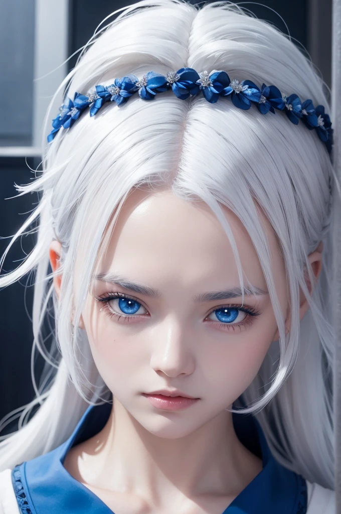 A video of a character with white hair and blue eyes