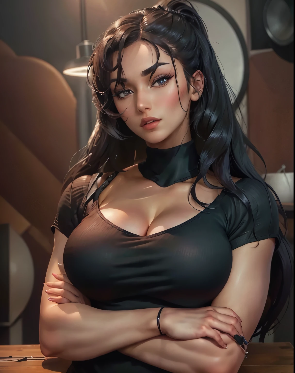 a beautiful woman with black hair, a cute pose, looking at the viewer, with a horny facial expression, focus on her thick legs and casual clothes, (best quality,4k,8k,highres,masterpiece:1.2),ultra-detailed,(realistic,photorealistic,photo-realistic:1.37),detailed eyes,detailed lips,extremely detailed face,long eyelashes,1girl,portrait,vivid colors,studio lighting