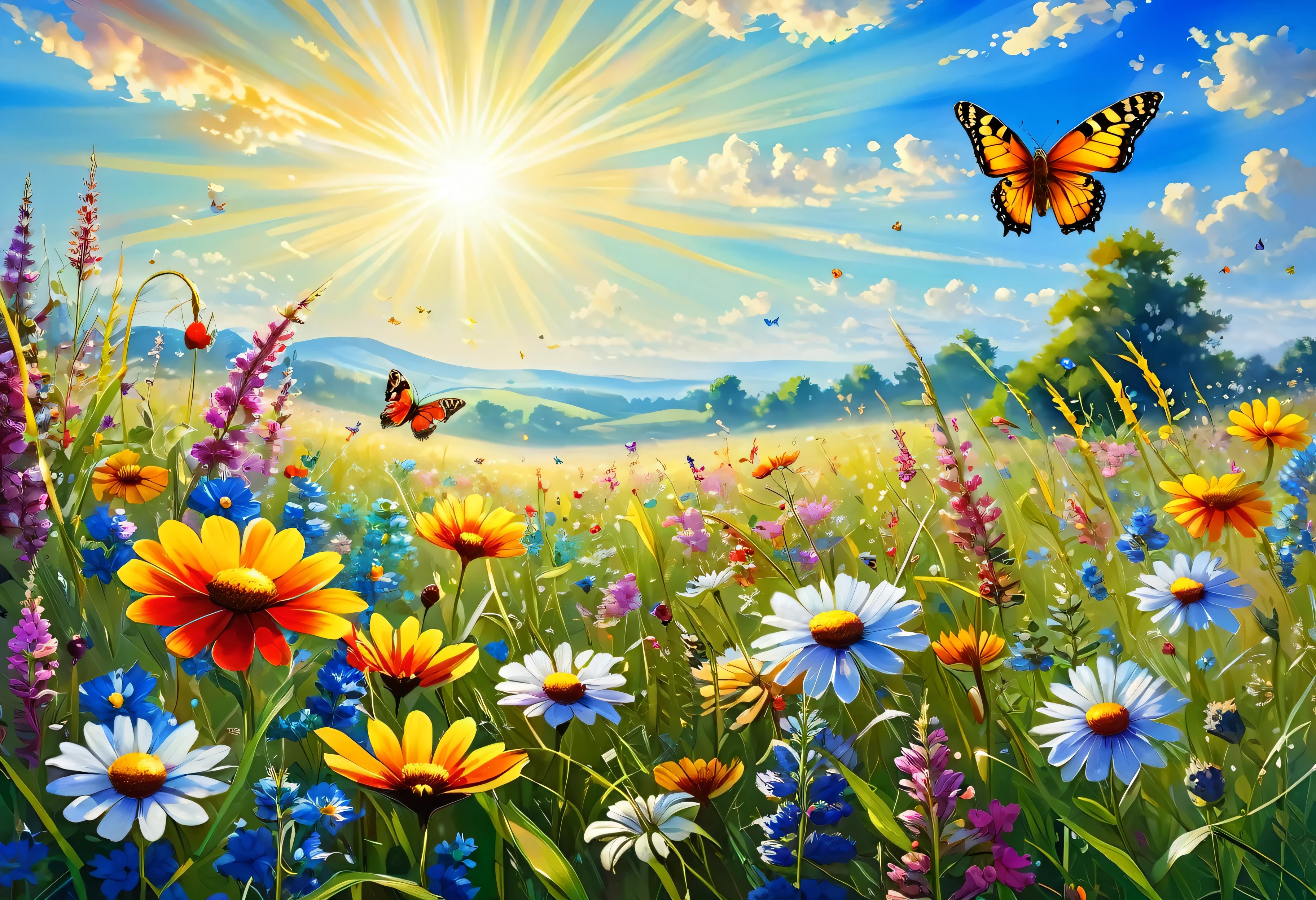 painting of a butterfly in a field of flowers with a sky background, summer meadow, in a meadow, beautiful art, meadow flowers, butterflies in the foreground, flowers and butterflies, in a field of flowers, nature painting, amazing art, sunny meadow, gorgeous art, butterflies and sunrays, flower meadow, beautiful artwork, meadows, by Grzegorz Rutkowski