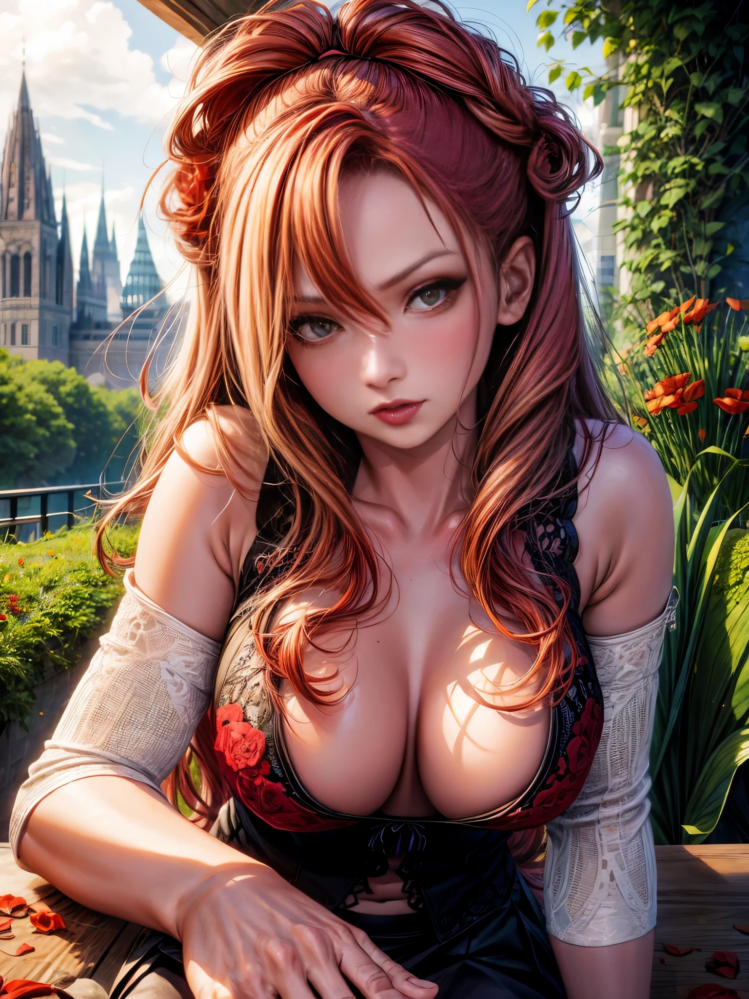 Woman in shirt skirt, red hair, dark red lipstick, cleavage, ((in a beautiful flowered garden)), seducing, naughty look, (beautiful eyes), best quality, realistic,prinzzess