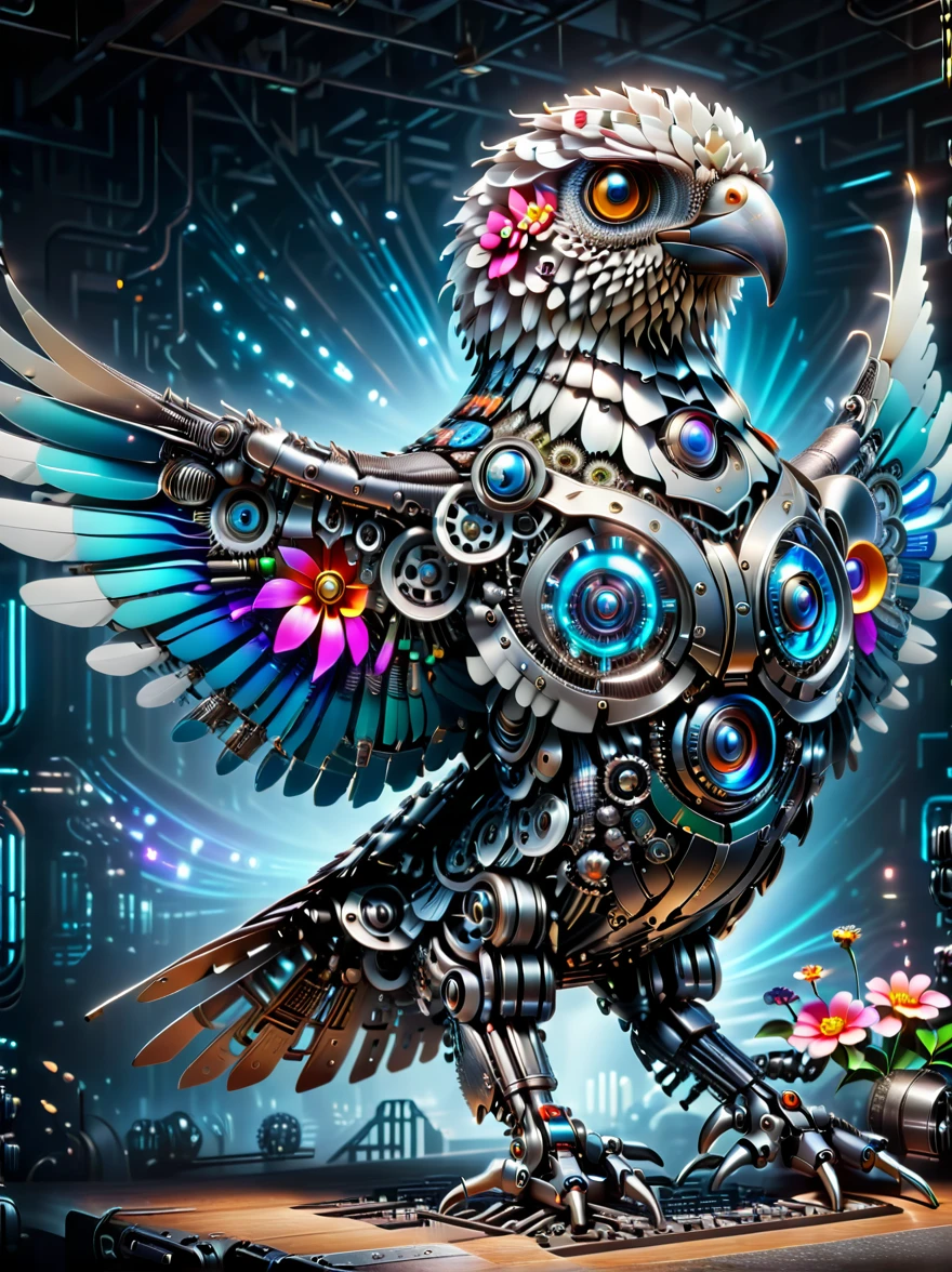 (3D，mechanical感，cute，ais-scrapyrd Phoenix，mechanical)，Colorful neon lights，高科技mechanical部件，Metal body，Detailed Vibranium Flower Design，Vibrant colors，Dynamic glowing flowers，Reflective metal surface，Bright environment，Dynamic poses，Exquisite existence，Skills Improvement，互锁mechanical齿轮，Stylish design，motion blur effect，Detailed metal treatment，Sci-fi atmosphere，Streamlined aerodynamic shape，Laser scanning pattern，Holographic projection，LED light track，Beautiful and unforgettable，Advanced sensors，Complex algorithms，Ominous and mysterious atmosphere，Electric Spark，Shiny chrome，Propulsion systems of the future，(Best quality，8k，high resolution，masterpiece:1.2)，Super detailed，(whole body:1.8)​