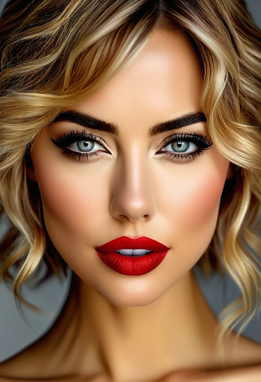 A waist-up portrait of a beautiful female whose face combines features of Samaire Armstrong + Imogen Poots. The female has lovely makeup on her face. The female wears red lipstick. Symmetrical eyes. Symmetrical face. Lovely details. Photorealistic. Full-colored photo. Professional photo. Highly detailed 8K.