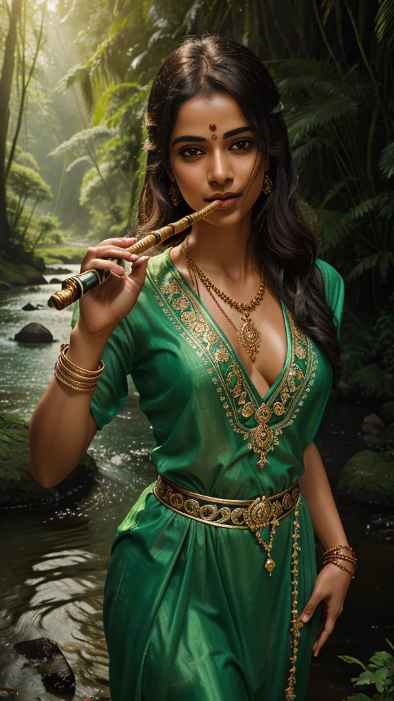 a beautiful detailed portrait of lord krishna, holding a flute, serene expression, glowing skin, ornate jewelry, surrounded by a lush green forest with a calm river in the background, dramatic lighting, vibrant colors, cinematic composition, highly detailed, photorealistic