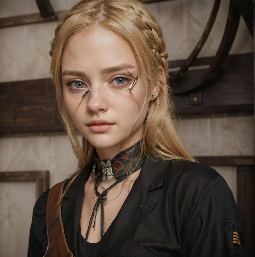 Chica linda ultra realistic con cabello rubio y ojos azules usando uniforme, Hair collected, large eyes, ultra realistic, visual of a real young woman, sexy woman, very beautiful, Attack on Titan, official art, visual of a pretty girl, Game of Thrones female character, official art del personaje, portrait, official artwork, blonde girl with long hair, official illustration