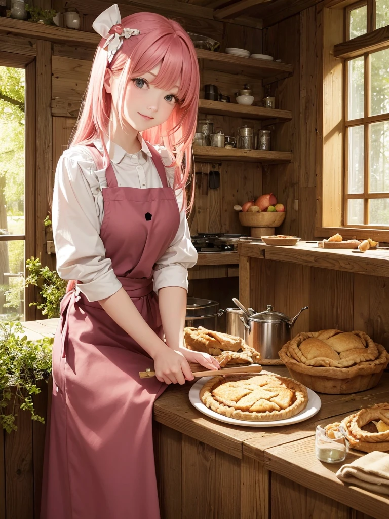 Best of the best, high resolution, best quality, making apple pie in a house in the forest, fantasy house in the forest, beautiful girl with long pink hair wearing an apron making apple pie in the kitchen, fantasy world, country style house