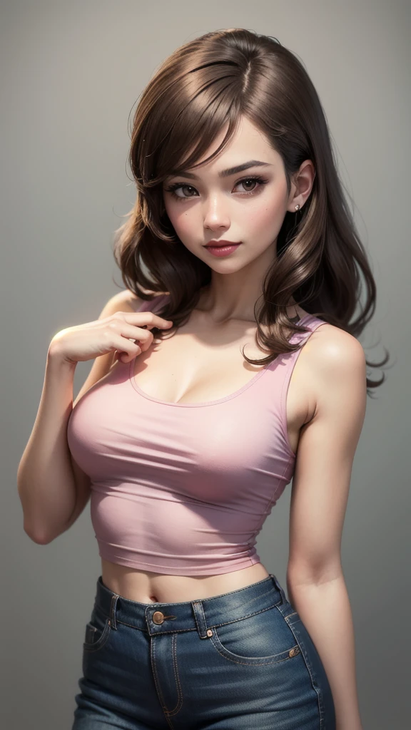 - **Head:**
- Long, straight brown hair with a side part.
- Light skin tone.
- Large, almond-shaped eyes with defined eyelashes.
- Full lips with a subtle smile.
- Small nose.
- **Upper Body:**
- Wearing a sleeveless pink top with a black section underneath.
- The top is form-fitting and accentuates the figure.
- **Arms and Hands:**
- Right hand holding a pink lipstick, with fingers elegantly positioned.
- Left arm bent at the elbow, with the hand raised and fingers slightly curled.
- **Pose:**
- Standing in a confident, slightly turned pose.
- Head tilted slightly to the side, adding to a poised and elegant demeanor.
- Overall confident and stylish appearance.
- **Overall Appearance:**
- The character exudes elegance and sophistication.
- The attire and pose suggest a fashion-conscious and assertive persona.
- The combination of the outfit and accessories gives a modern and chic look.
Simple Background, Large Breasts, Mine Fujiko,High resolution, Anatomically correct, Brown Hair,solo,One girl,