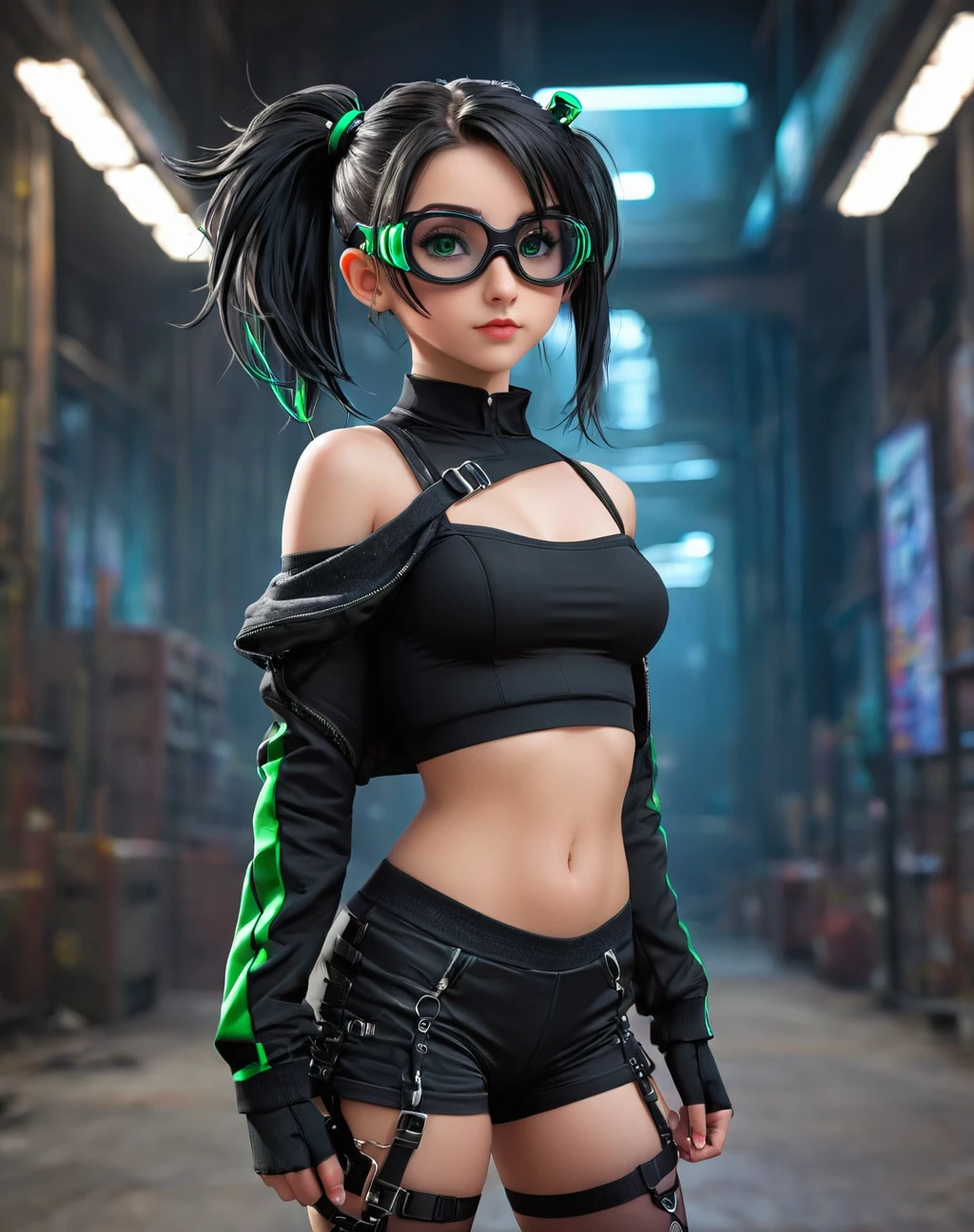 1 girl, daughter of severus snape, 11 years old, a handsome girl, solo, blackhair, pony tail, gren eyes, bright eyes, cyber punk jacket, tank top, goggles on head, [navel], off shoulder, open jacket, black shorts, black tights, garter rings, expressionless, blurry background, perfect lighting, perfect angle, masterpiece, best quality, extremely detailed face,

