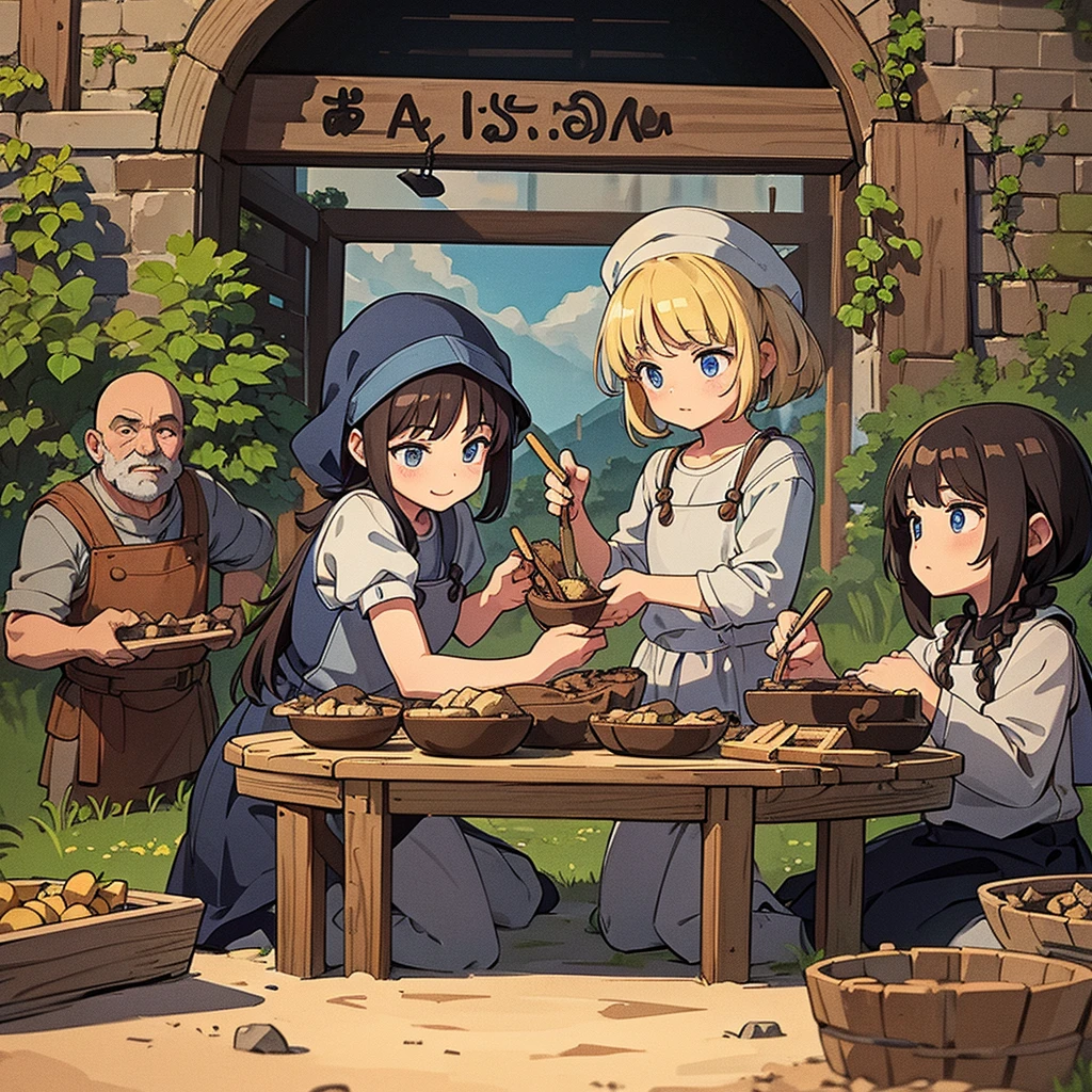 (excavation work、10 people)、Highest quality, Highest quality, High quality illustration of medieval children digging in a mine)))、(((many cultivators)))、(((I'm worried、anxiety)))、stone、Brown fabric hood on head、Elevation