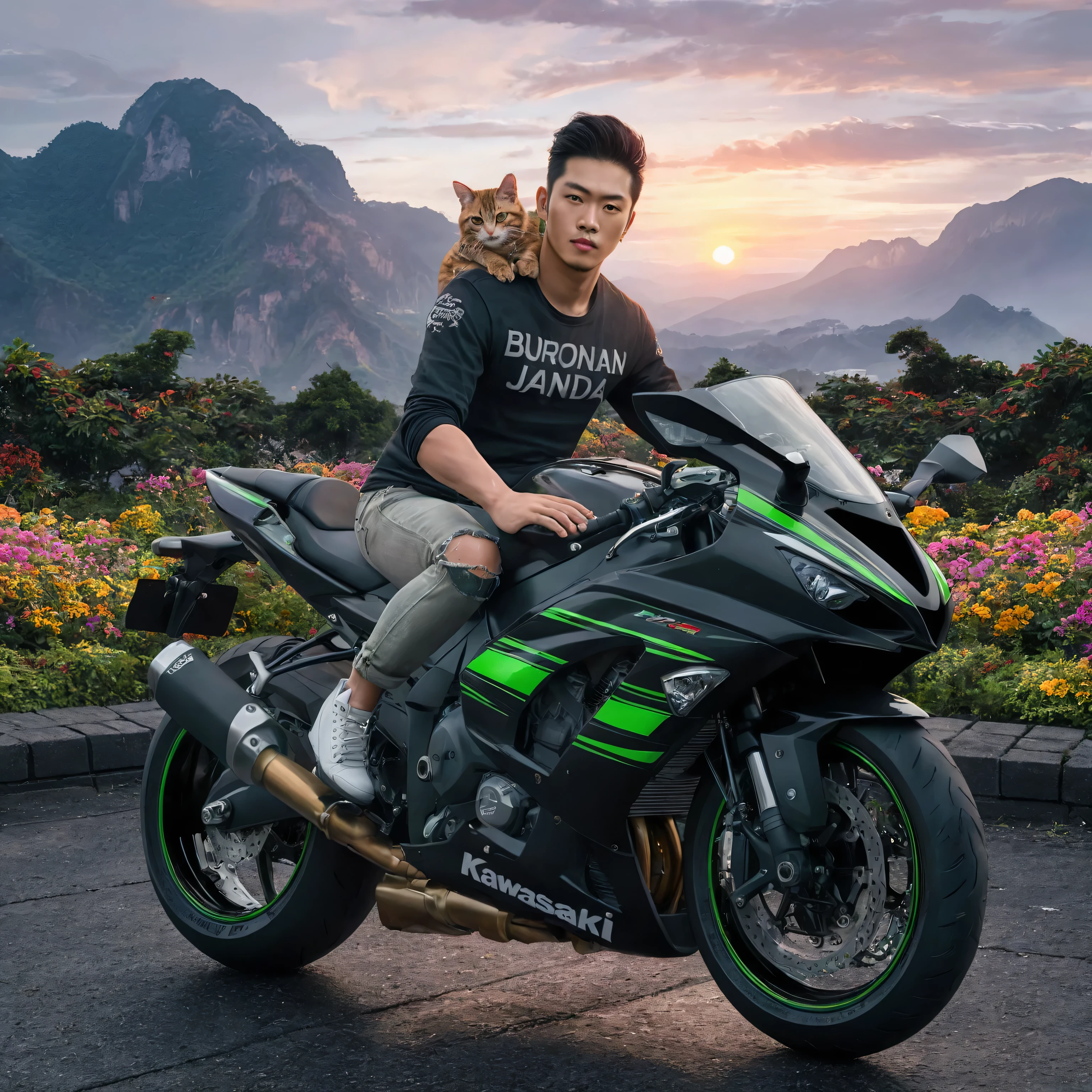 A striking, hyper-realistic portrait of a young Asian man confidently riding a heavily customized black and green Kawasaki H2R sports motorcycle. Clad in a black shirt with the statement "BURONAN JANDA" emblazoned across it, ripped jeans, and pristine white shoes, he exudes charisma and swagger. A contented feline companion nestles on his shoulder, its gaze fixed on the distant horizon. The breathtaking panorama encompasses majestic mountainous vistas, vibrant, colorful flower gardens in full bloom, and a tranquil sunset that casts a warm and golden hue over the captivating scene.