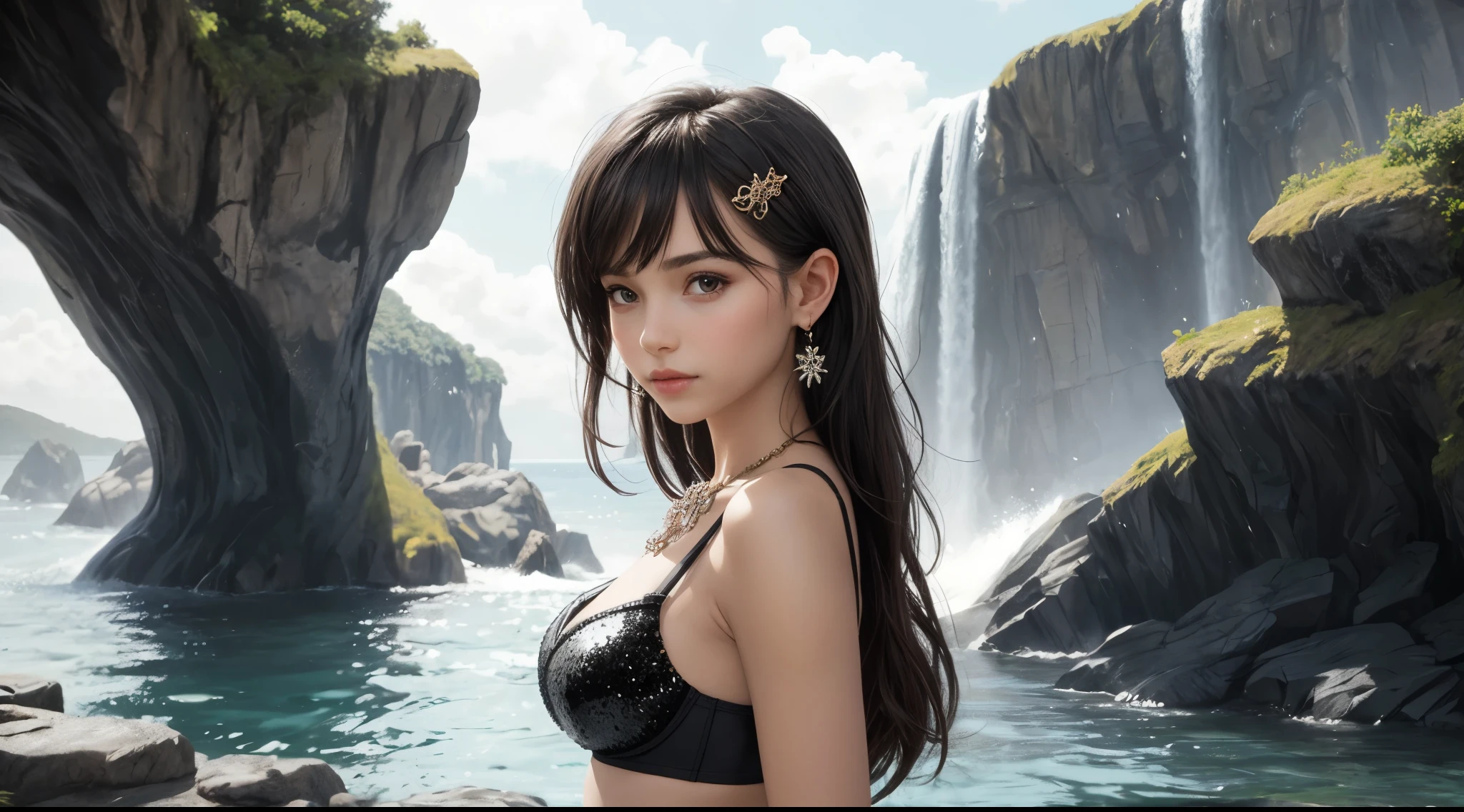 1girl, from side, standing, (looking at viewer:1.4), ocean, rocky cliff, water falls, side light, skin tight leather leggings, lace bra, (****, cute:1.3), (breasts:1.2), sequin details accent, detailed face, (windswept:0.4), black hair, hair ornament, hair clip, heavy ornamented necklace and earrings, layered bangles and bracelets, (masterpiece, best quality:1.2), exquisite, (chin upward1.2),