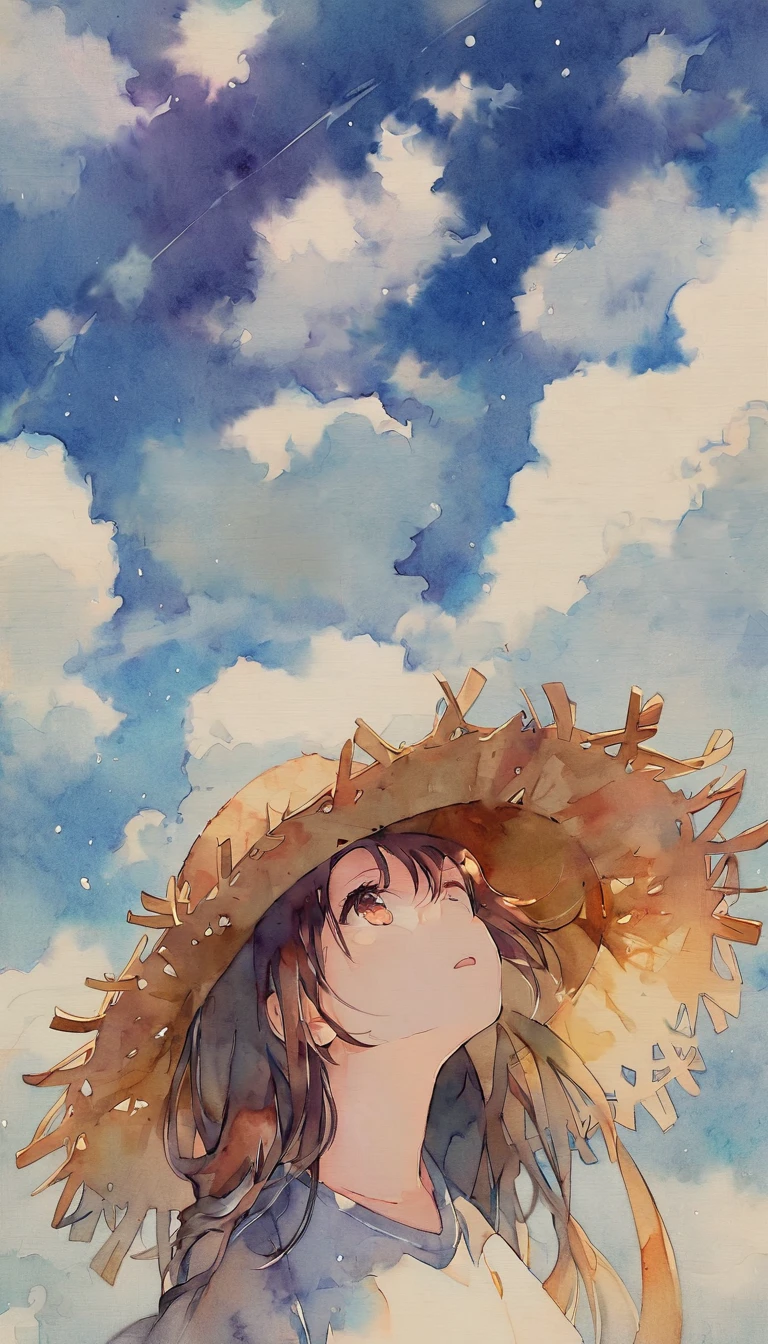 Summer sky, clouds, girl in straw hat looking up, transparent watercolor, anime style illustration