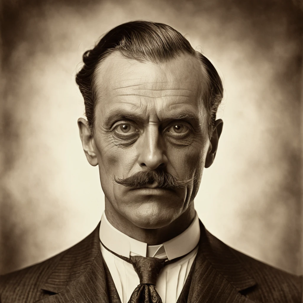 A highly detailed Victorian-style portrait of a scary businessman with exaggerated facial features, sepia tone, early 1900s style, photorealistic, high resolution
