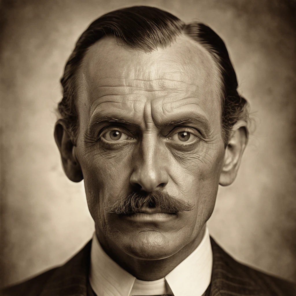 A highly detailed Victorian-style portrait of a scary businessman with exaggerated facial features, sepia tone, early 1900s style, photorealistic, high resolution
