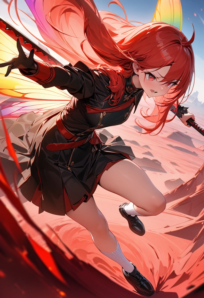 A 16 year old red-haired girl with long beautiful red hair and red eyes, wearing a black military uniform with a black short skirt, white socks and black shoes, holding a Medieval shaped red sword in one hand, with beautiful white fantasy rainbow fairy wings growing from her back, has a cold look on her face as she fights many monsters on the ground against the backdrop of a hellish red sky, The ground is a desert-like landscape,posing dynamically swinging her sword, (Masterpiece, Best Quality, 4k, 8k:1.5), Best Quality, Ultra detail, Fantastic, abstract, Physically based rendering, ultra-fine painting