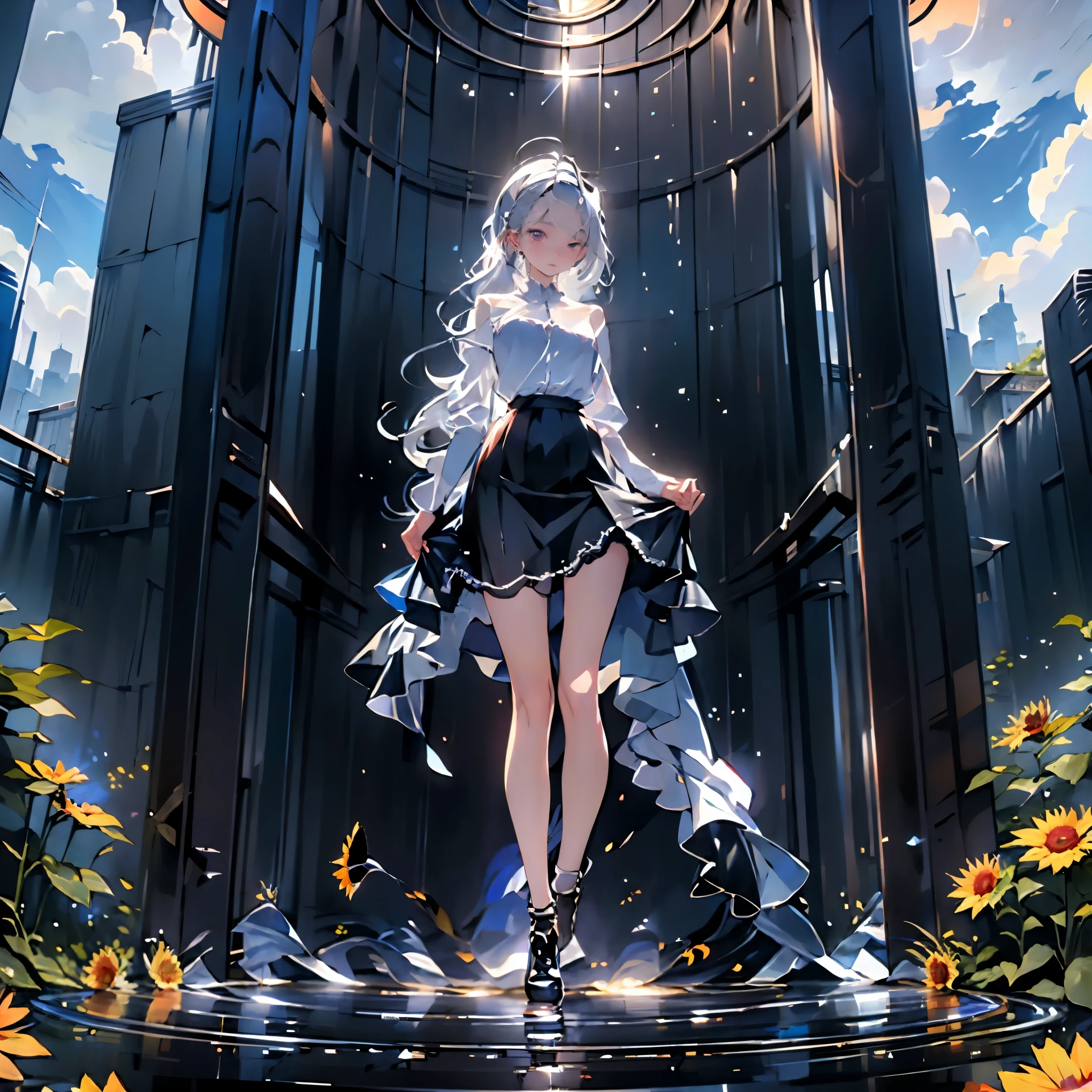 Girl walking on a path, sunflower, たくさんのsunflower, Distant City, girl, Silver Hair, Indigo eyes, blouse, Chiffon skirt, Long skirt, Long Hair, mysterious, Small breasts, anime, manga, beautiful girl