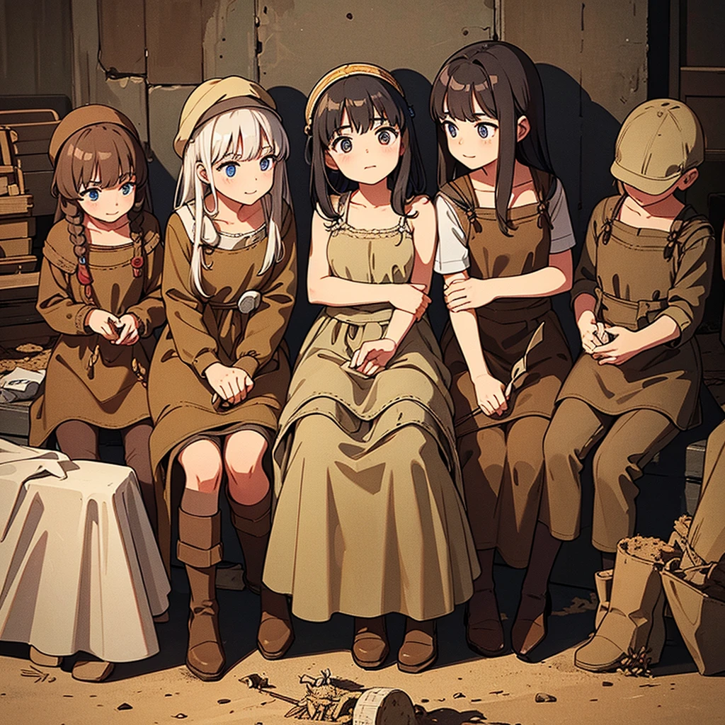 (excavation work、10 people)、Highest quality, Highest quality, High quality illustration of medieval children digging in a mine)))、(((many cultivators)))、(((I'm worried)))、stone、Brown fabric hood on head