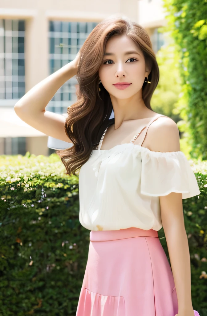 Beautiful woman with beautiful eyes and nose、Beautiful as a model、Cute like a model、Double Eyes、Regular use of mascara、Eye color: green、hair color: pink、Her face is delicate and elegant.、8k images、Beautiful style like a model、Normal Large 、A fresh and lovely smile、Yellow blouse、Plain orange mini skirt、University campus on a sunny day、Pose like a model、Full Portrait、snap shot、Branded CHANEL bags、Summer clothing、