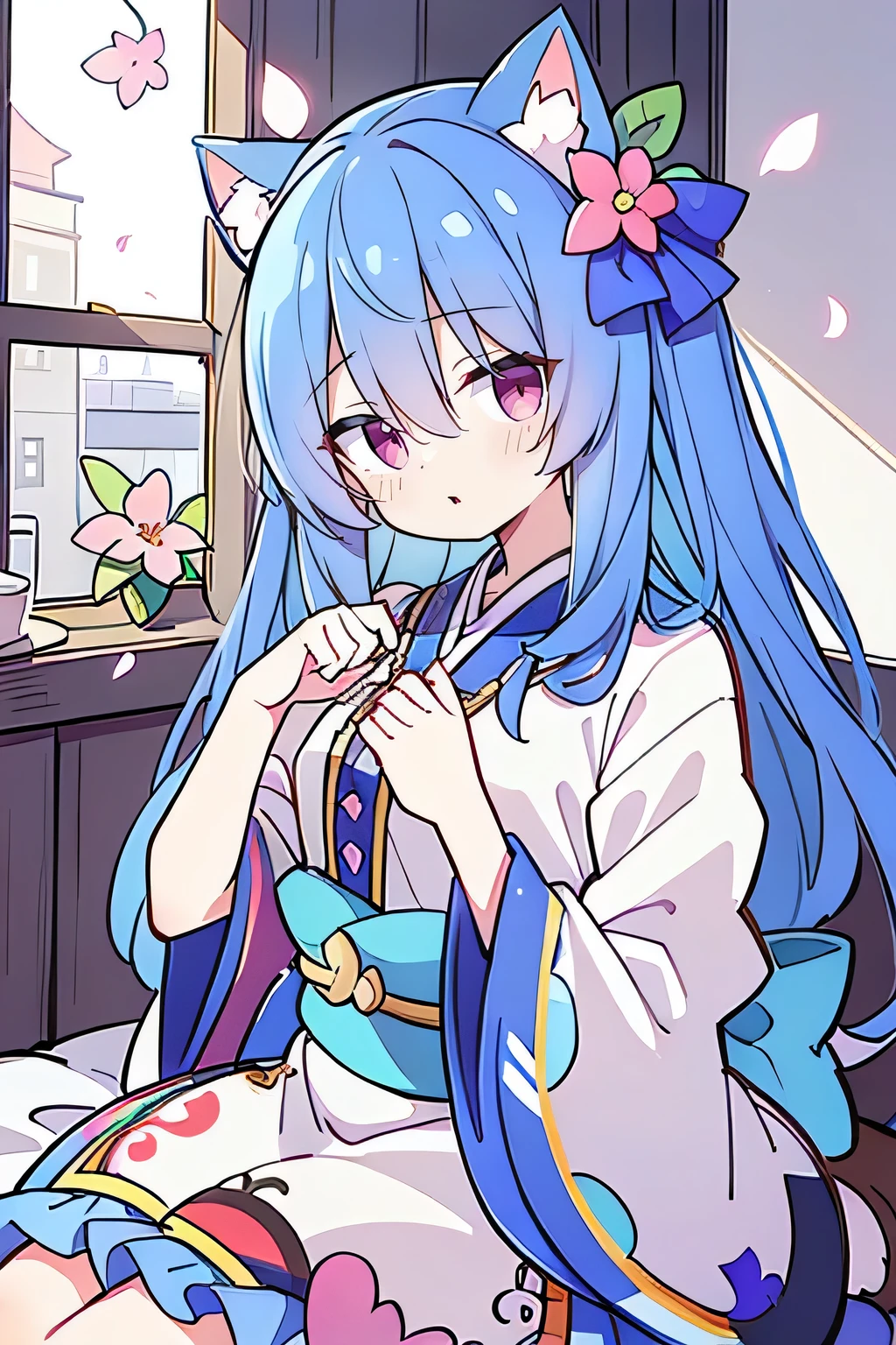 (Masterpiece:1.2)，Ultra-detailed，lifelike，The eyes are expressive，Fair skin，Perfect face shape，1 girl，Japanese Manga，Gorgeous blue hair，Flowing blue hair，Flowing clothes，Cat ears，Petals falling，Shy face，sitting on window，Place your hand on your lips.