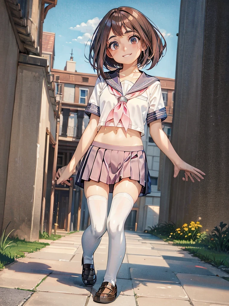 ((masterpiece)),(Best Quality),very detailed, (perfect anatomy)、beautiful female body, masterpiece、Ultra high quality、 8k、masterpiece、of the highest quality、ultra high resolution、maximum resolution、Very detailed、Professional lighting、cheered up、women、very beautiful face、very beautiful eyes、(very detailed eye)、Brown eyes, Cara very detailed, beautiful and detailed face, official art,1 girl, Alone, short hair , for coffee of course, Brown hair, belly button, sailor , diaphragm, realist, Uraraka Ochako, Tender smile, medium breasts, Beautiful figure, beautiful smile, Whole body, (Pink and gray sailor suit), short sleeve,short pleated skirt, Socks type gal, thigh high socks, pink socks, Brown loafers,tomorrow,The sun is rising, view from below, rest outdoors, city,area, REST looking at the viewer, whole body, (perfect hands, perfect anatomy),