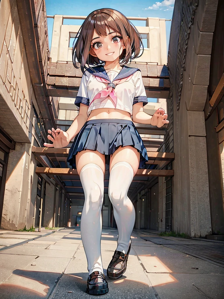 ((masterpiece)),(Best Quality),very detailed, (perfect anatomy)、beautiful female body, masterpiece、Ultra high quality、 8k、masterpiece、of the highest quality、ultra high resolution、maximum resolution、Very detailed、Professional lighting、cheered up、women、very beautiful face、very beautiful eyes、(very detailed eye)、Brown eyes, Cara very detailed, beautiful and detailed face, official art,1 girl, Alone, short hair , for coffee of course, Brown hair, belly button, sailor , diaphragm, realist, Uraraka Ochako, Tender smile, medium breasts, Beautiful figure, beautiful smile, Whole body, (Pink and gray sailor suit), short sleeve,short pleated skirt, Socks type gal, thigh high socks, pink socks, Brown loafers,tomorrow,The sun is rising, view from below, rest outdoors, city,area, REST looking at the viewer, whole body, (perfect hands, perfect anatomy),