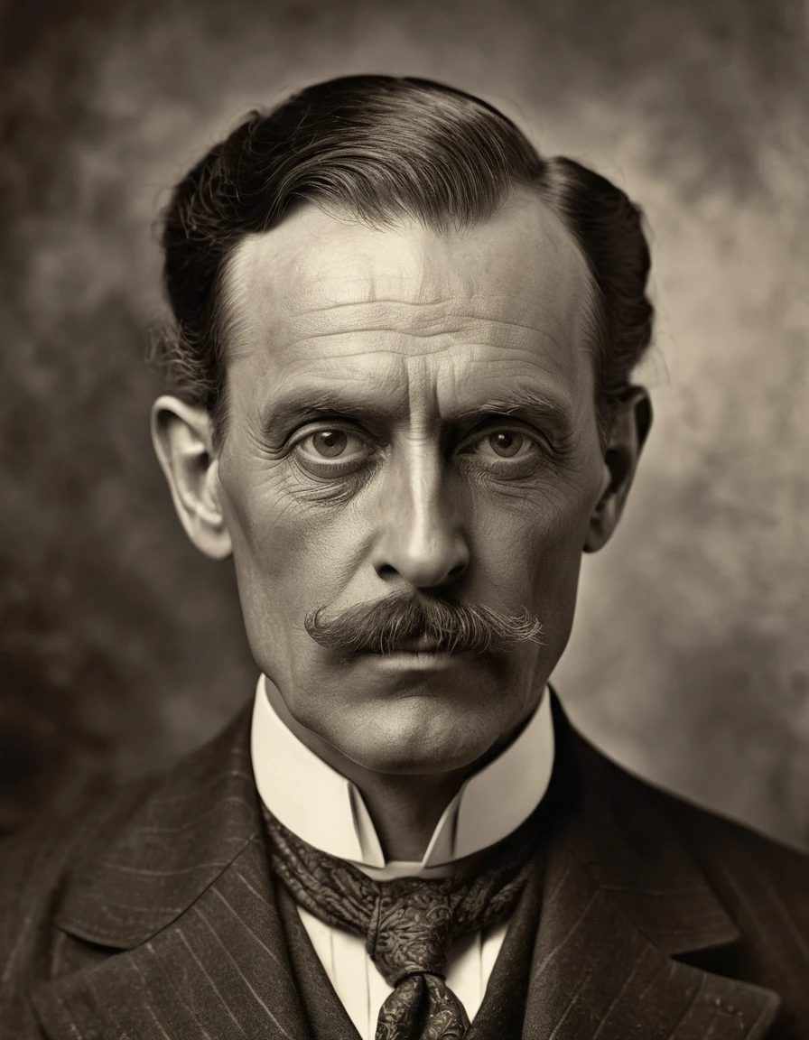 A highly detailed Victorian-style portrait of a frightening businessman with exaggerated facial features, tom sepia, early 1900s style, photorrealistic, high resolution