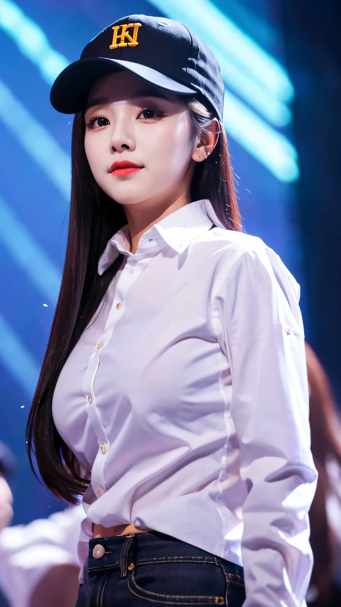 close-up of beautiful beautiful korean female, 34 inch breasts size, wearing long sleeve shirt, cap, on the stage, bokeh background,UHD