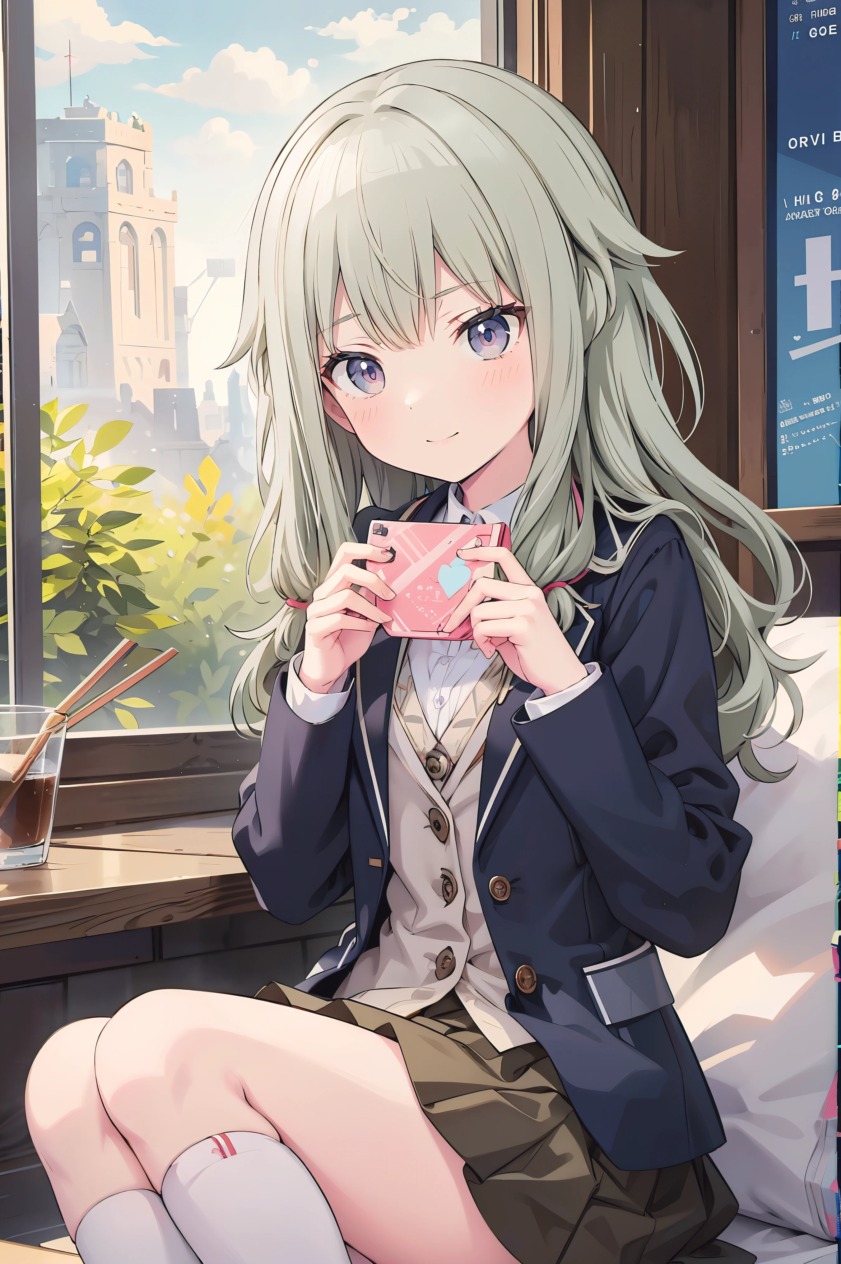 (8k, 最high quality)、Ultra-high resolution、adorable、最high quality, beautiful, (((Absurd beauty)))、masterpiece、Best image quality、(Front facing)、good feeling、smile,Face the camera、Delicate eyes、smile、Small face、female、1 person、masterpiece, Most detailed、、blazer、skirt、 high quality、♡、heart、Shiny Hair、Very fine and beautiful bright eyeedium chest、nose blush、Very detailed, clear and beautiful face, Awards, (Anatomically correct)
