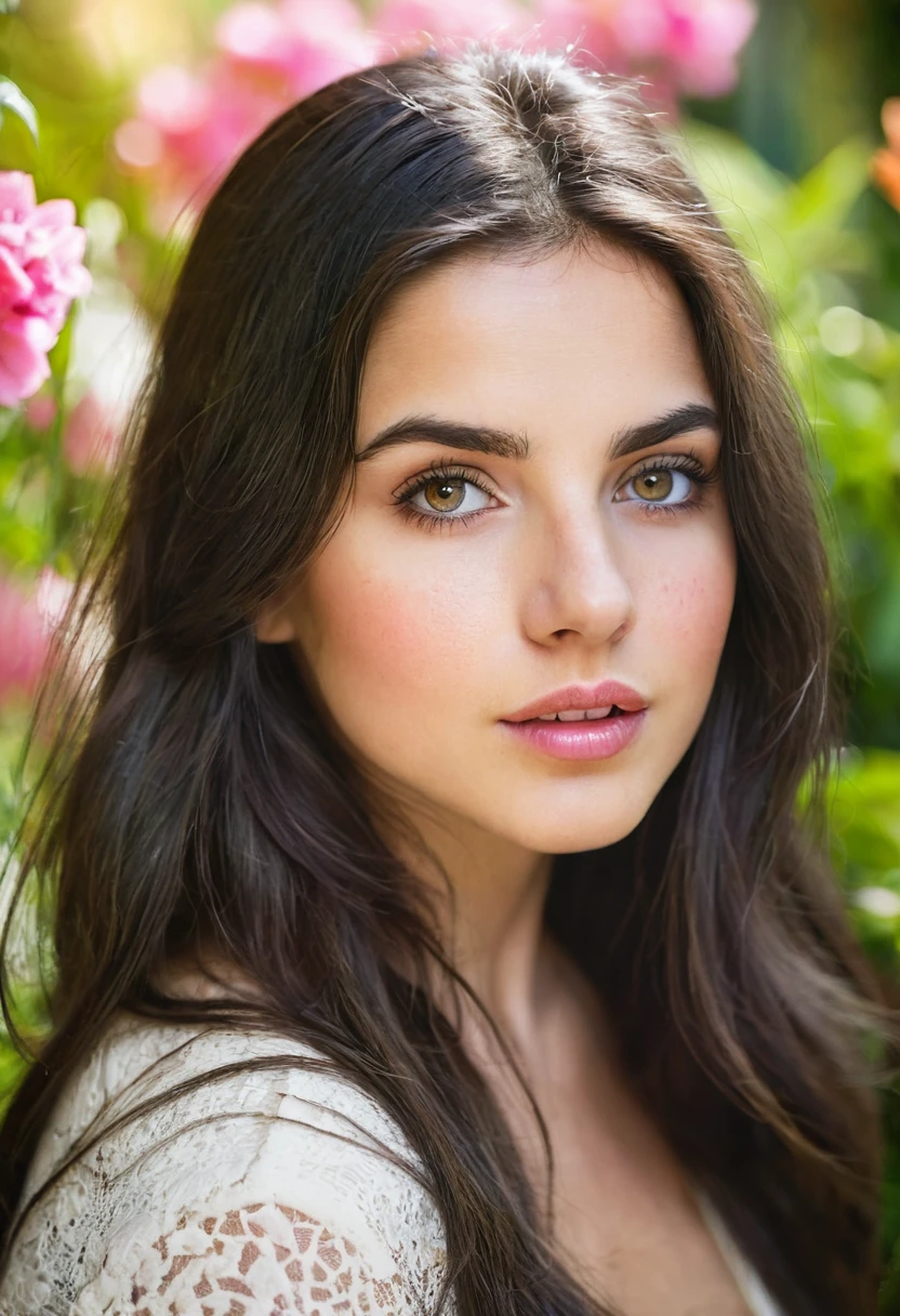 a beautiful young woman with long dark hair, deep brown eyes, bright and expressive eyes, cracked lips, blushing cheeks, in a garden setting with flowers, natural sunlight