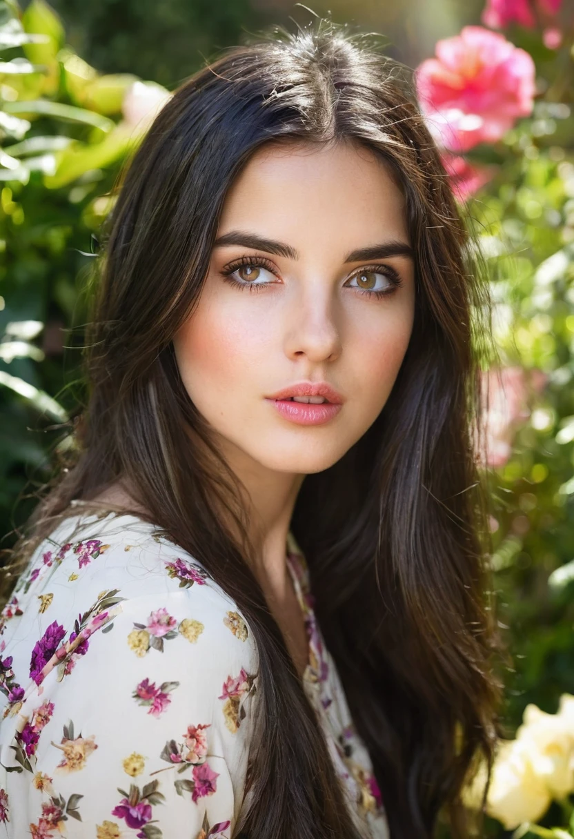 a beautiful young woman with long dark hair, deep brown eyes, bright and expressive eyes, cracked lips, blushing cheeks, in a garden setting with flowers, natural sunlight