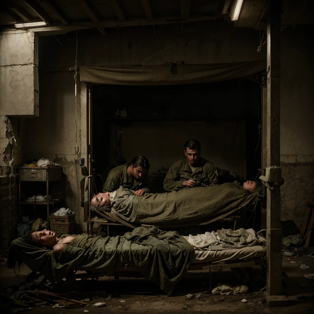 Sick soldiers after the war. The scene depicts a group of soldiers in a makeshift field hospital, with stretchers and medical supplies around them. The soldiers are visibly exhausted and weakened, some with bandages and others receiving medical care. The environment is desolate, with dim lights and an air of sadness and suffering. The visual style is realistic and emotional, with dark tones and soft lighting to emphasize the gravity of the situation. The atmosphere is dark and melancholic, capturing the devastating impact of war on soldiers' health. Visual references include historic photographs of field hospitals and scenes from films such as 'Born to Kill' and 'The Last Man'