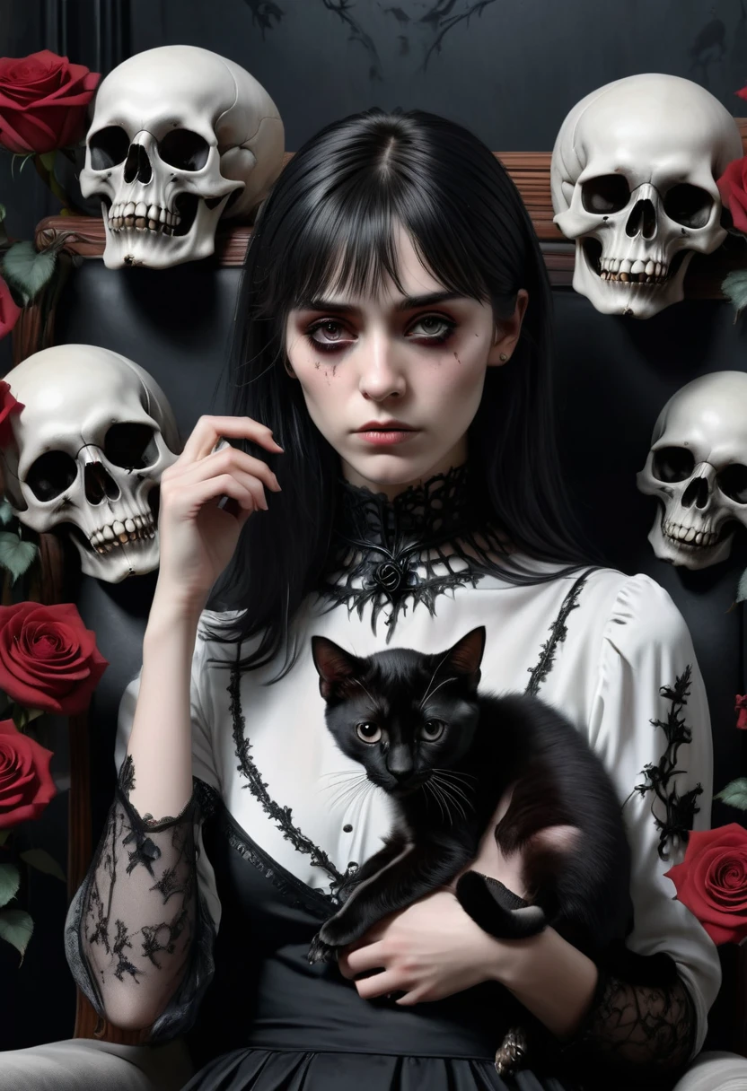 look close corner face camera , a woman sofia Steinberg face, short hair with bangs pale white skinned wearing shirts blackmetal pose sit in sofa room blackmetal, look above camera , in room blackmetal style steinberg model blackmetal , sad depression funiture skulls swords flowers black Roses poster sticker band mortuary blackmetal background, digital painting, highly detailed, 3D animation,best quality,4k,8k,highres,masterpiece:1.2),ultra-detailed,(realistic,photorealistic,photo-realistic:1.37),gothic art,,thorny rose,creepy,terrifying,,holding a black big cat