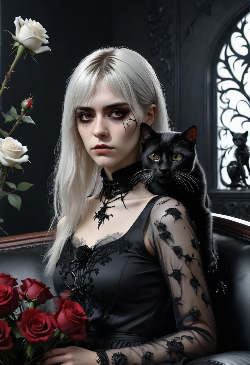 look close corner face camera , a woman sofia Steinberg face, short hair with bangs pale white skinned wearing shirts blackmetal pose sit in sofa room blackmetal, look above camera , in room blackmetal style steinberg model blackmetal , sad depression funiture skulls swords flowers black Roses poster sticker band mortuary blackmetal background, digital painting, highly detailed, 3D animation,best quality,4k,8k,highres,masterpiece:1.2),ultra-detailed,(realistic,photorealistic,photo-realistic:1.37),gothic art,,thorny rose,creepy,terrifying,,holding a black big cat