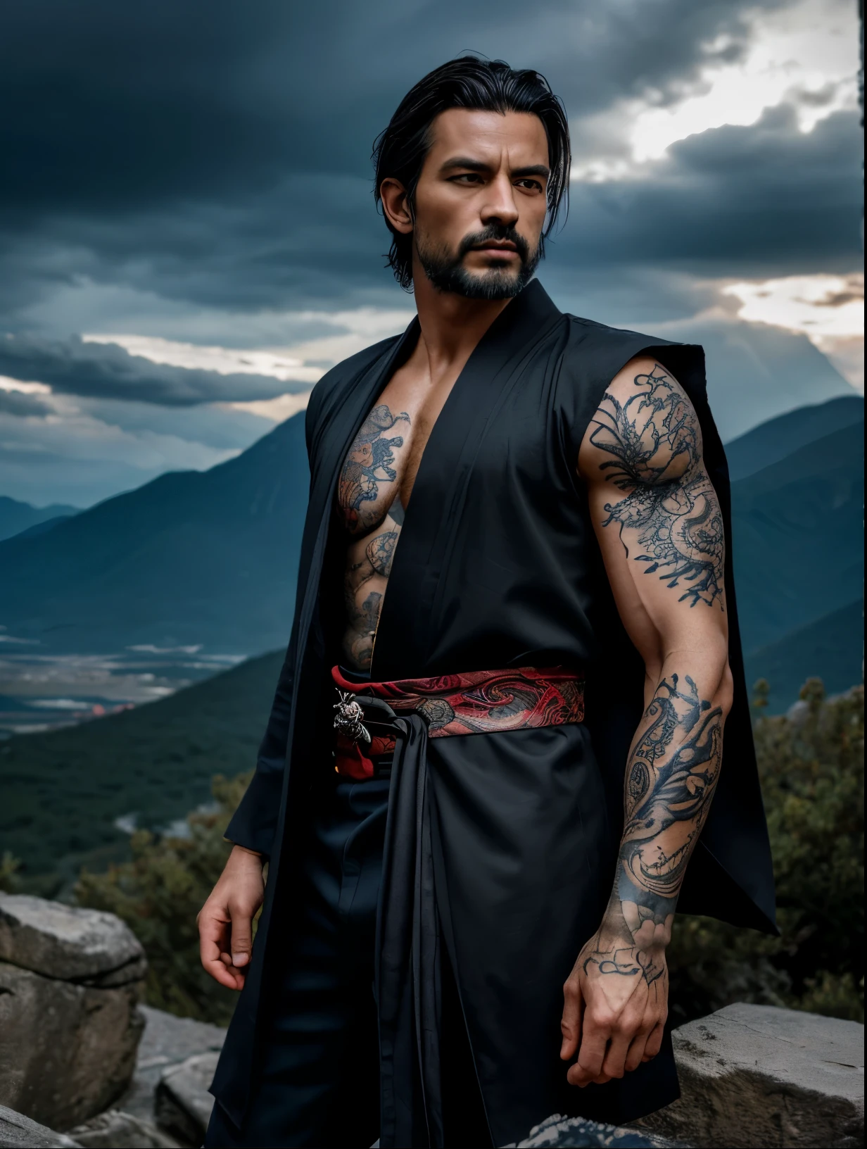 Ultra detailed, highres, absurdres, HDR, master piece, Krozseria, Sexy man, dark hair, red eyes, wearing a detailed black and blue kimono adorned with dragon motifs, intricate tattoos visible on his hand and arm, background features a dramatic, cloudy sky and mountainous landscape, with an ethereal, glowing atmosphere surrounding the character.