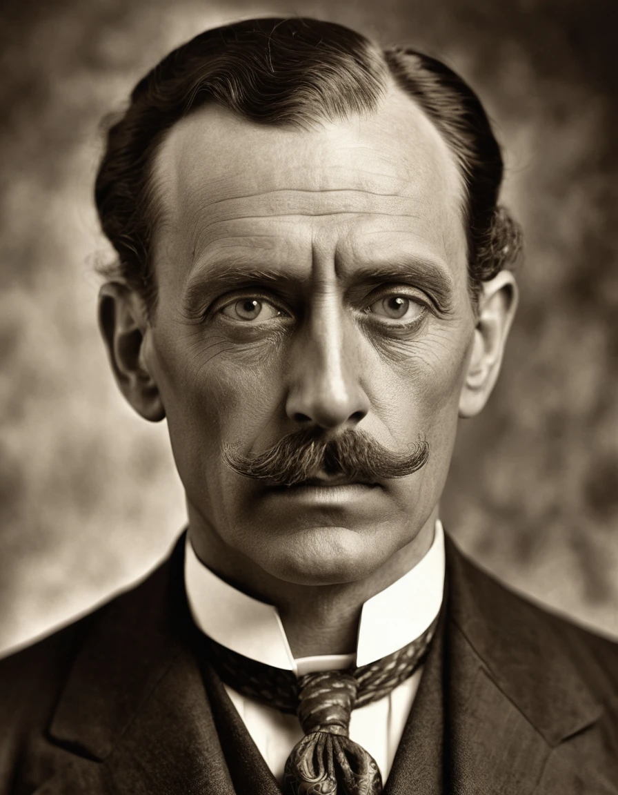 A highly detailed Victorian-style portrait of a frightening businessman with exaggerated facial features, tom sepia, early 1900s style, photorrealistic, high resolution, whole body