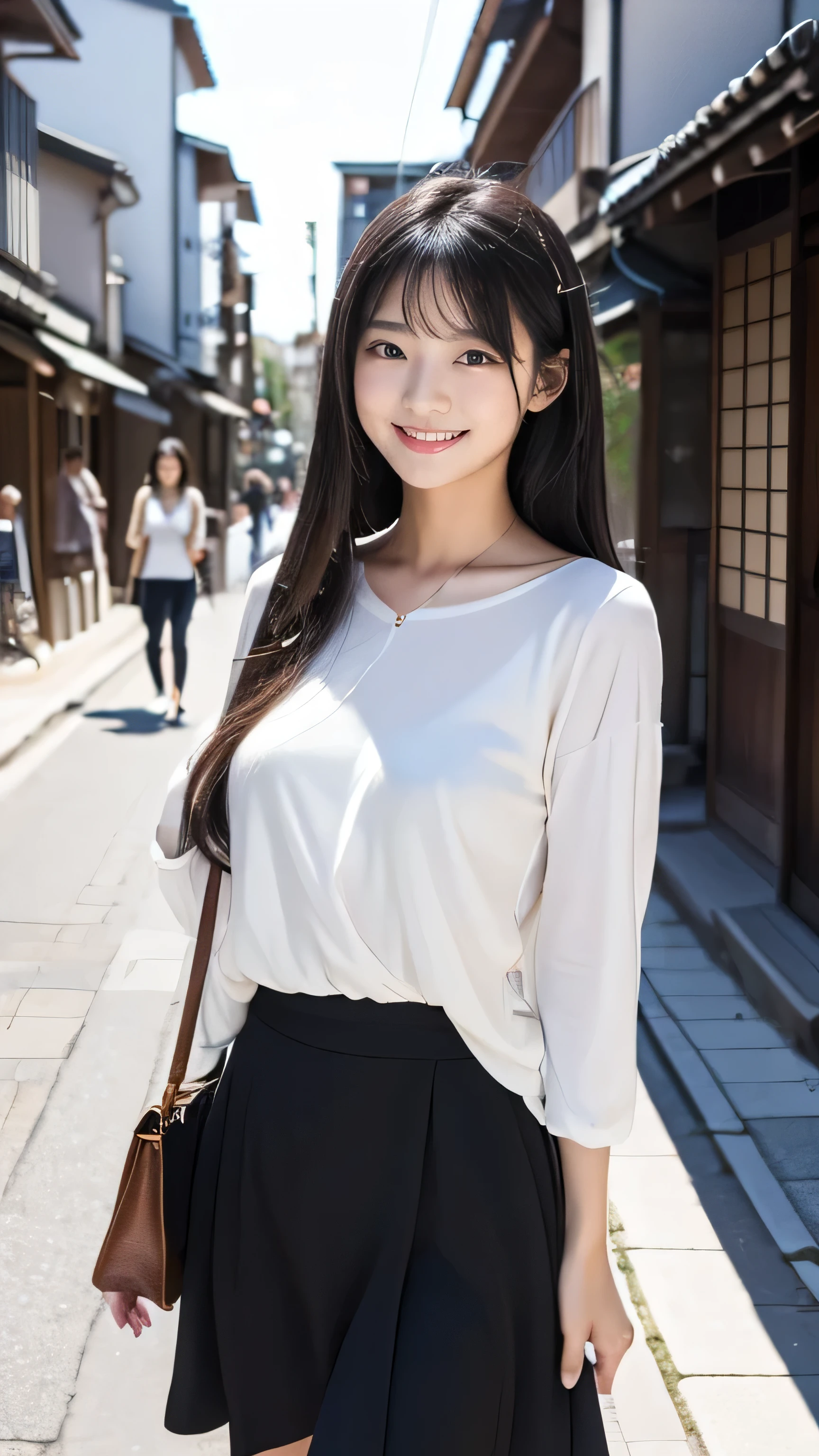 Create an ultra-realistic image of a 21-year-old Japanese woman named Kotone walking through the streets of Fukui Prefecture. She has extremely long, perfectly straight black hair that flows down to her waist, with blunt bangs that cover her forehead. Her eyes are large, enchanting, and have double eyelids with sparkling black pupils, giving them a captivating and youthful appearance. Her face is delicate and innocent, with very thin eyebrows that frame her large, childlike eyes. Kotone's skin is smooth and flawless, resembling snow in its pure white color. She has a slender and well-proportioned body with a shapely bust size of 95 cm, a height of 158 cm, a weight of 43 kg, an ideal waist size of 58.46 cm, and an ideal hip size of 86.73 cm. Her complexion is flawless, without any wrinkles, and her natural makeup enhances her features subtly, maintaining a fresh and youthful look. She embodies a perfect balance of youthful charm and mature elegance, with a cute and innocent smile that adds warmth and affection to her appearance.

Kotone should be depicted walking through the charming streets of Fukui Prefecture. Her long black hair should flow naturally over her shoulders, framing her face and upper body. She should be strolling through a scenic area with traditional Japanese architecture, local shops, and street vendors. Her pose should be relaxed and confident, with one hand possibly holding a shopping bag or an item she has just purchased. Her expression should be cheerful and inviting, with a warm smile that captures her enjoyment of exploring the city. She is wearing a fashionable and comfortable outfit suitable for a day out in the city, such as a trendy top, a stylish skirt, and comfortable walking shoes.
