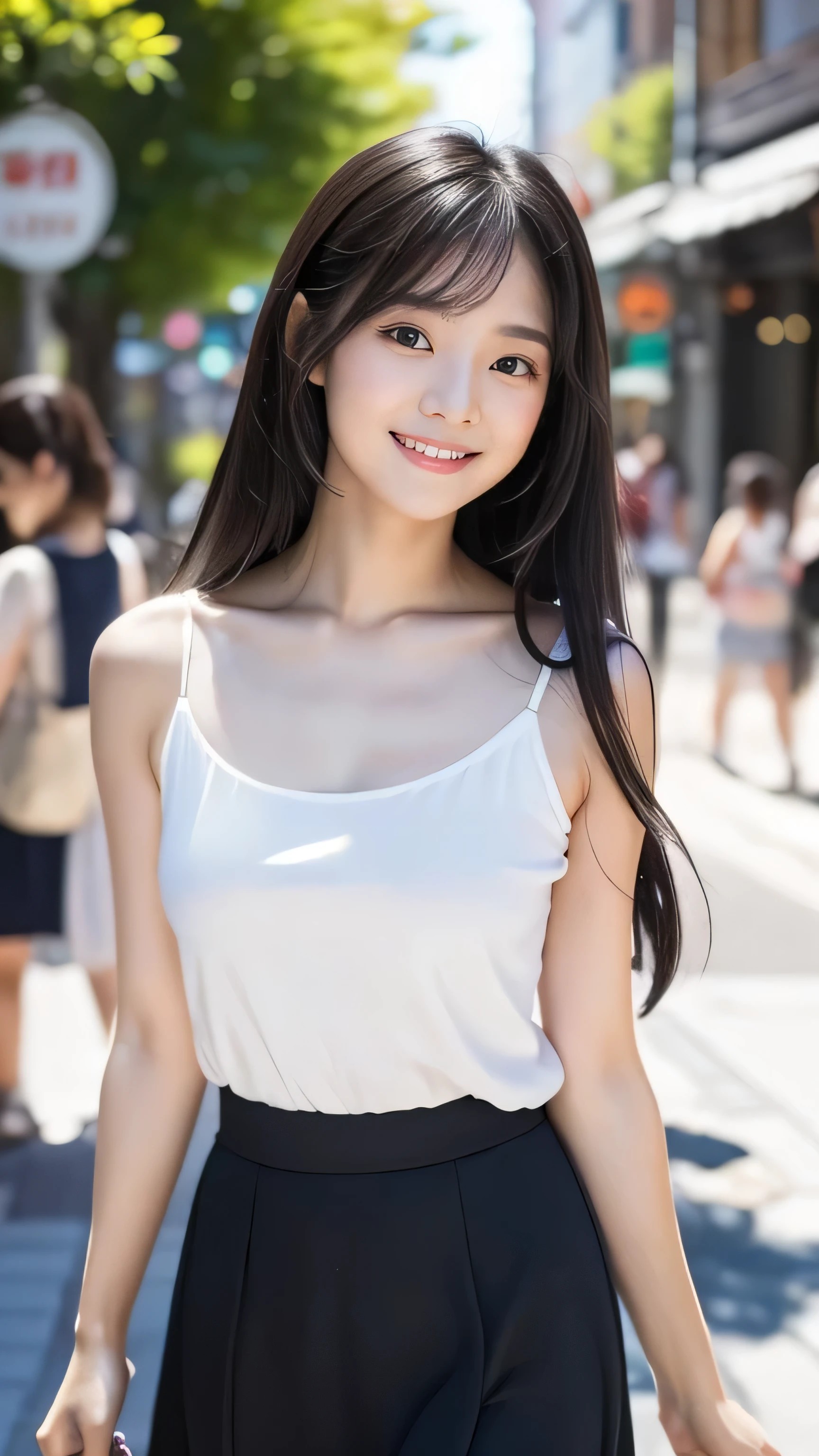 Create an ultra-realistic image of a 21-year-old Japanese woman named Kotone walking through the streets of Fukui Prefecture. She has extremely long, perfectly straight black hair that flows down to her waist, with blunt bangs that cover her forehead. Her eyes are large, enchanting, and have double eyelids with sparkling black pupils, giving them a captivating and youthful appearance. Her face is delicate and innocent, with very thin eyebrows that frame her large, childlike eyes. Kotone's skin is smooth and flawless, resembling snow in its pure white color. She has a slender and well-proportioned body with a shapely bust size of 95 cm, a height of 158 cm, a weight of 43 kg, an ideal waist size of 58.46 cm, and an ideal hip size of 86.73 cm. Her complexion is flawless, without any wrinkles, and her natural makeup enhances her features subtly, maintaining a fresh and youthful look. She embodies a perfect balance of youthful charm and mature elegance, with a cute and innocent smile that adds warmth and affection to her appearance.
Kotone should be depicted walking through the charming streets of Fukui Prefecture. Her long black hair should flow naturally over her shoulders, framing her face and upper body. She should be strolling through a scenic area with traditional Japanese architecture, local shops, and street vendors. Her pose should be relaxed and confident, with one hand possibly holding a shopping bag or an item she has just purchased. Her expression should be cheerful and inviting, with a warm smile that captures her enjoyment of exploring the city. She is wearing a fashionable and comfortable outfit suitable for a day out in the city, such as a trendy top, a stylish skirt, and comfortable walking shoes.