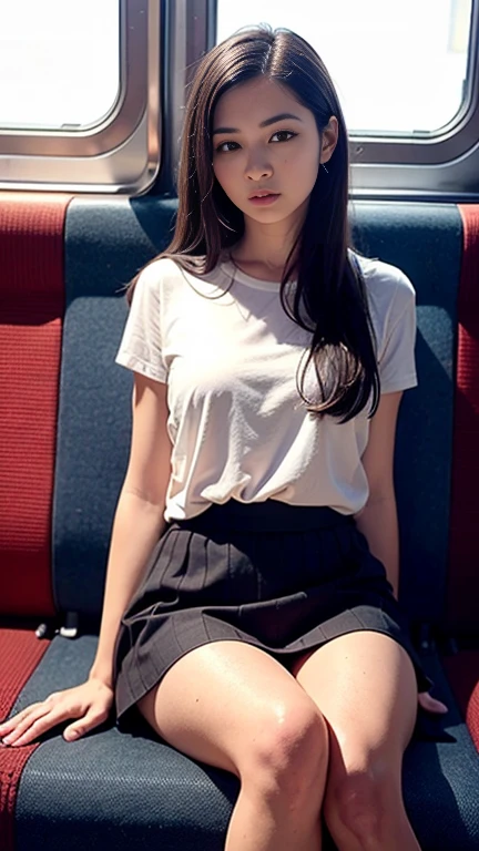 masterpiece, High resolution, Ultra High resolution, 4K, Black Hair, Japanese Girls, Uniform skirt, Accentuate your thighs, White thighs, Soft thighs, Shiny thighs, Sitting on a train, Facing angle, Angle from below, Sitting on a train Seat, Sit in front, Zoom camera to hip joint, Put your feet on the train floor, whole body, Looking down and sleepy, Watch only viewers, Highest quality, Ultra High resolution, Realistic, High resolution, detailed, RAW Photos, sharp, Nikon Film Pictures, Images and Stock Photos, Rich lens color, Ultra-realistic and realistic texture, Dramatic lighting, Unreal Engine,