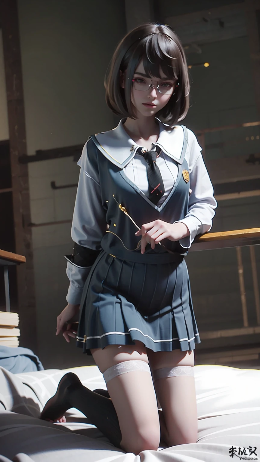 best quality,masterpiece,The Ultimate Solution,Fluffy,Extremely colorful,Mature beautiful woman,(Dress school uniform),Lace skirt,(Beautiful woman beheaded),Normal posture,(Kneeling),Kneeling on the bed,shackles,Beheading,collar,White stockings ,barefoot,Normal posture