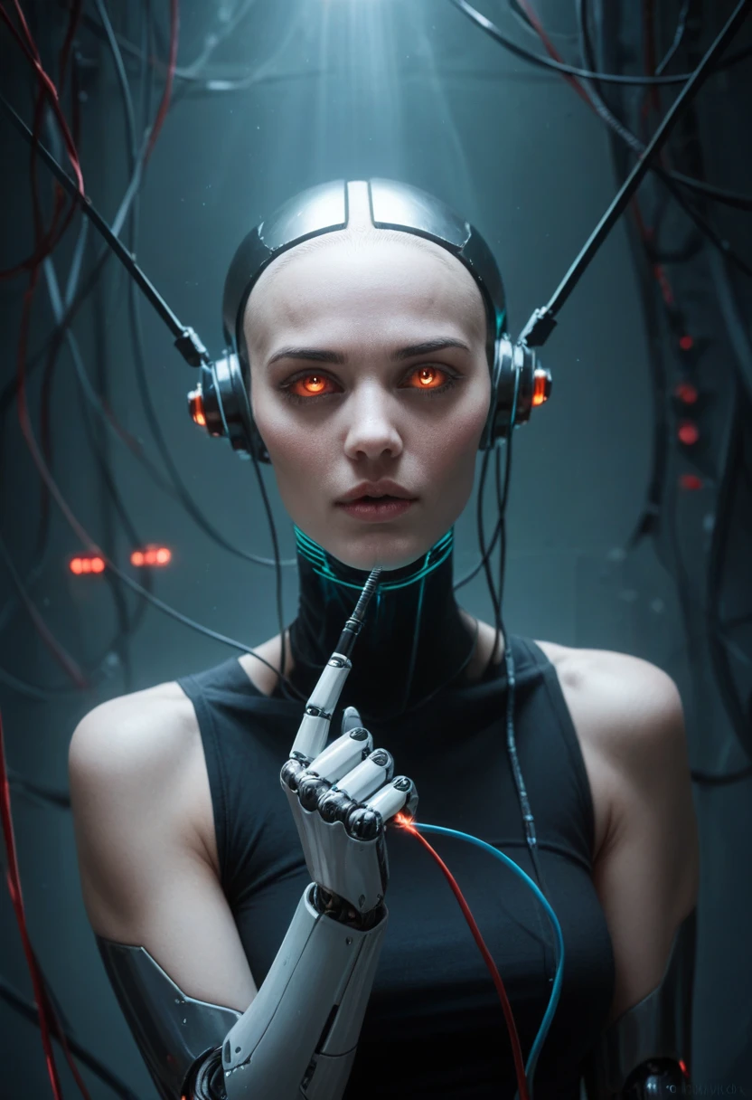 Taken from a distance, a highly advanced humanoid robot inspired by Ava from the movie 'X Machina.' The robot should have a strikingly lifelike female face with realistic skin, expressive eyes, and subtle features. The body should combine transparent, sleek limbs made of glass revealing intricate mechanical components, wires, and glowing circuits. The setting should be a futuristic, high-tech lab with sleek, minimalistic design elements, featuring soft lighting that highlights the robot's details and gives a mysterious, sophisticated atmosphere